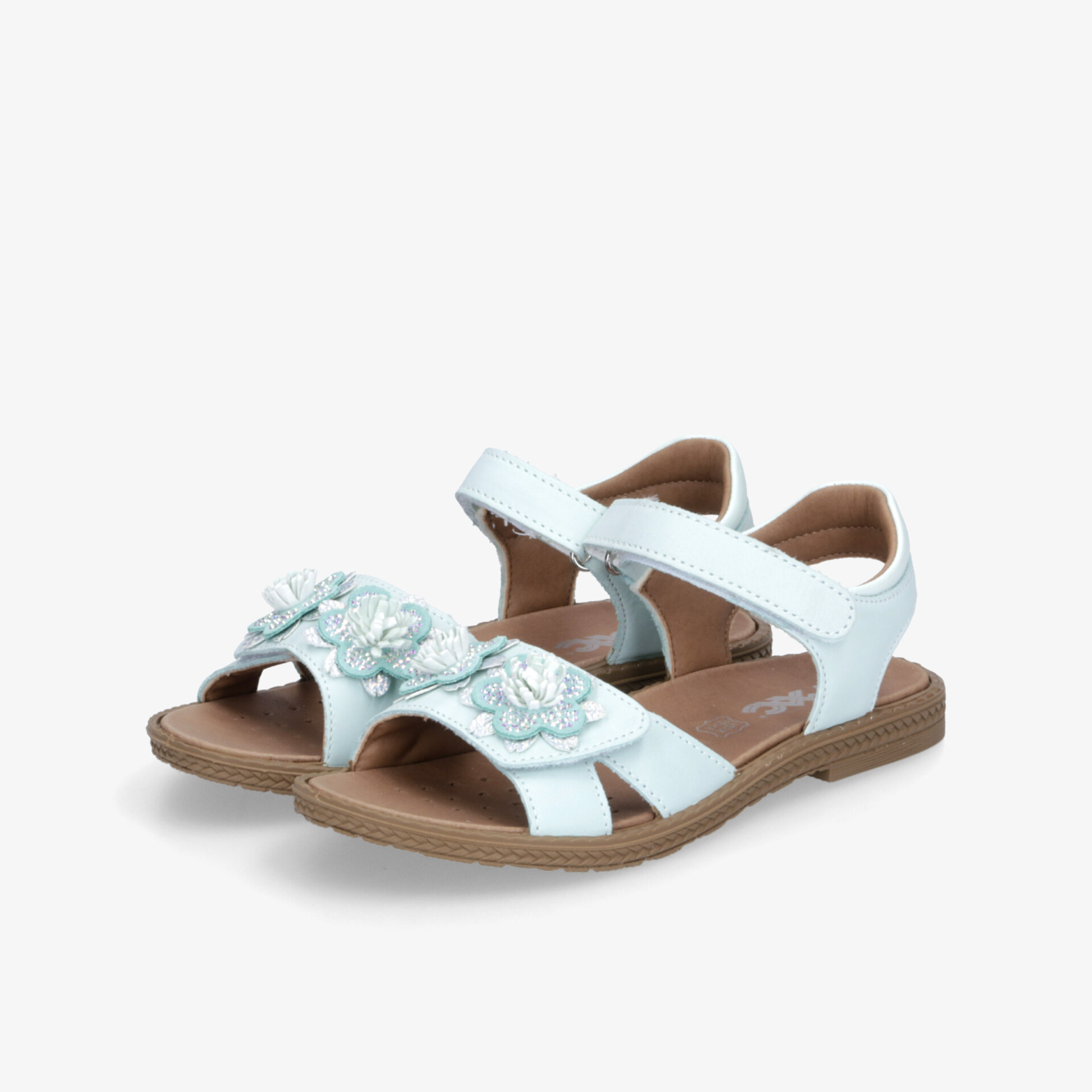 Bequeme hellblaue Sandalen mit Blumenverzierung, verstellbarem Riemen und flacher Sohle für leichten Tragekomfort