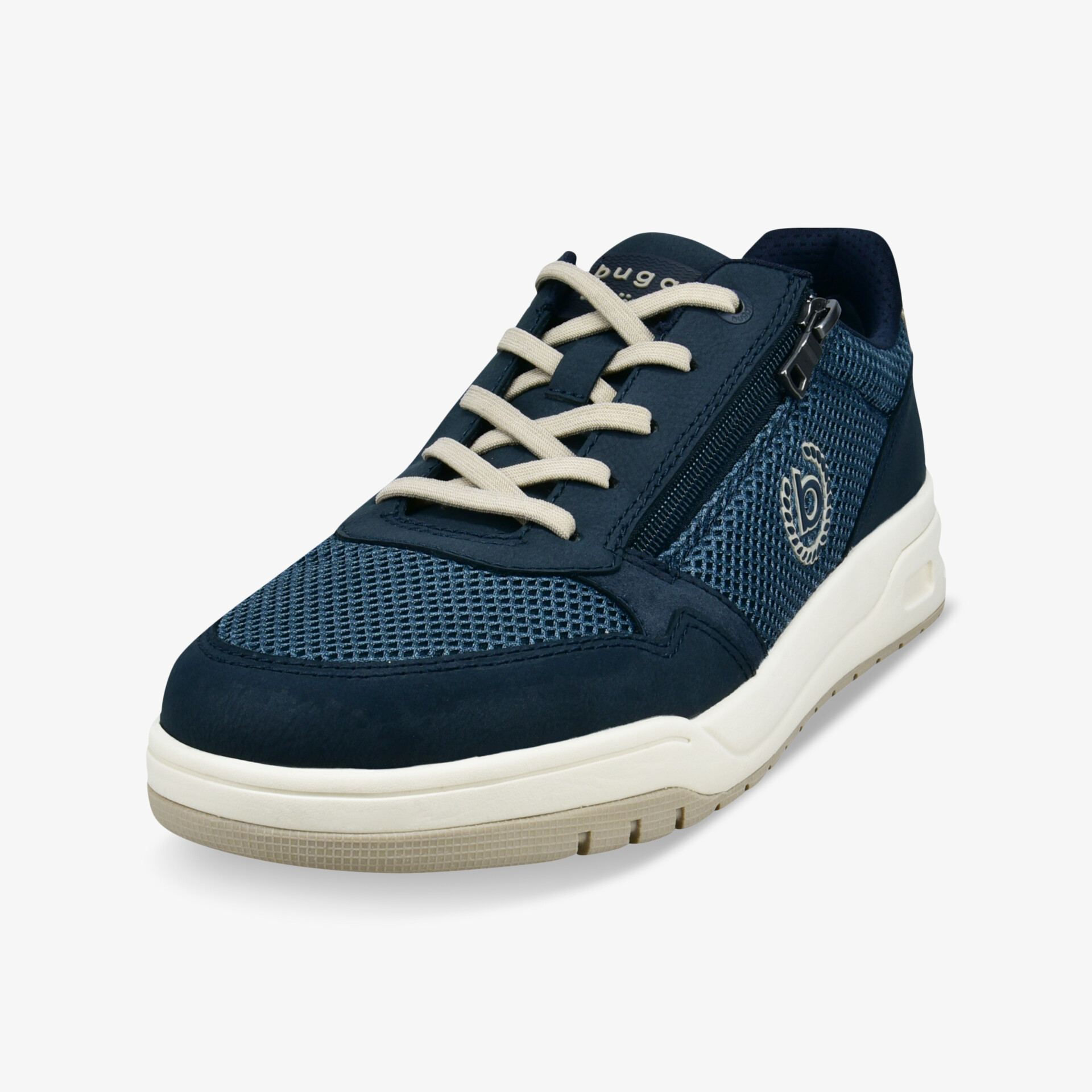 Blauer Sneaker mit atmungsaktivem Material, Reißverschluss und weißer Sohle für hohen Tragekomfort