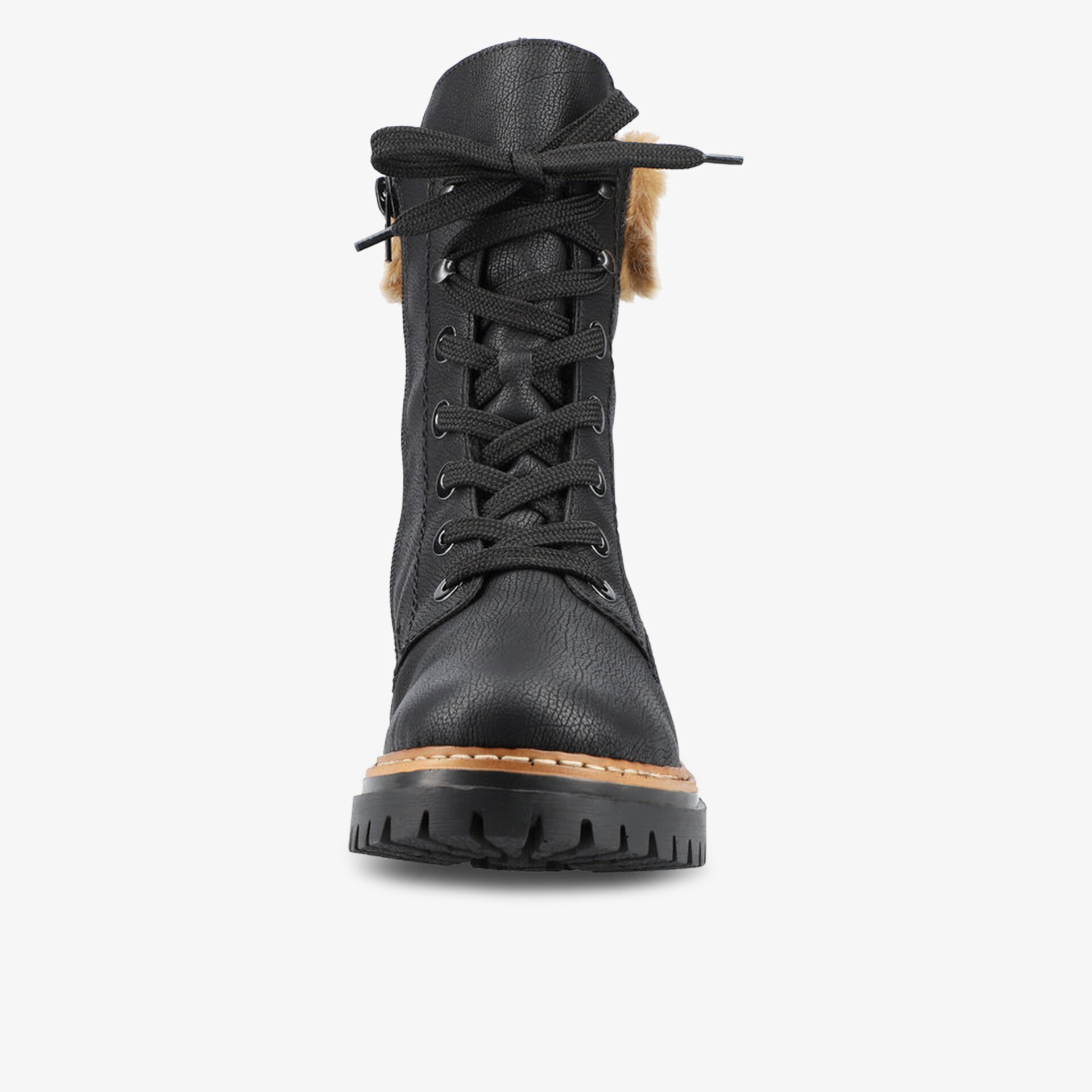 Robuster schwarzer Schnürstiefel mit profilierter Sohle und wärmendem Fellbesatz, ideal für Outdoor und kalte Tage