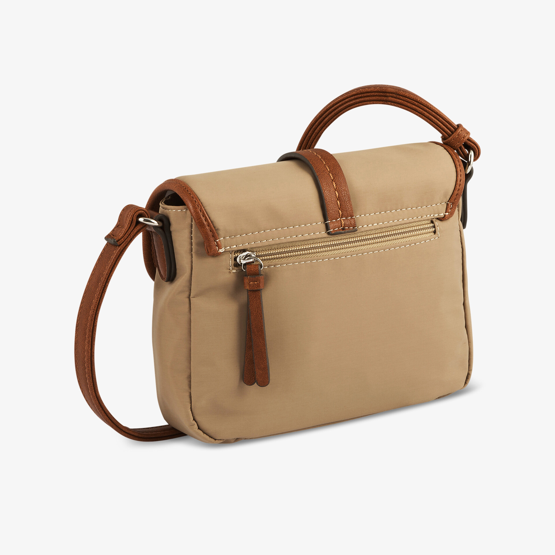 Kompakte beige Tasche mit braunen Akzenten, praktische Aufteilung und verstellbarem Schulterriemen für vielseitigen Einsatz