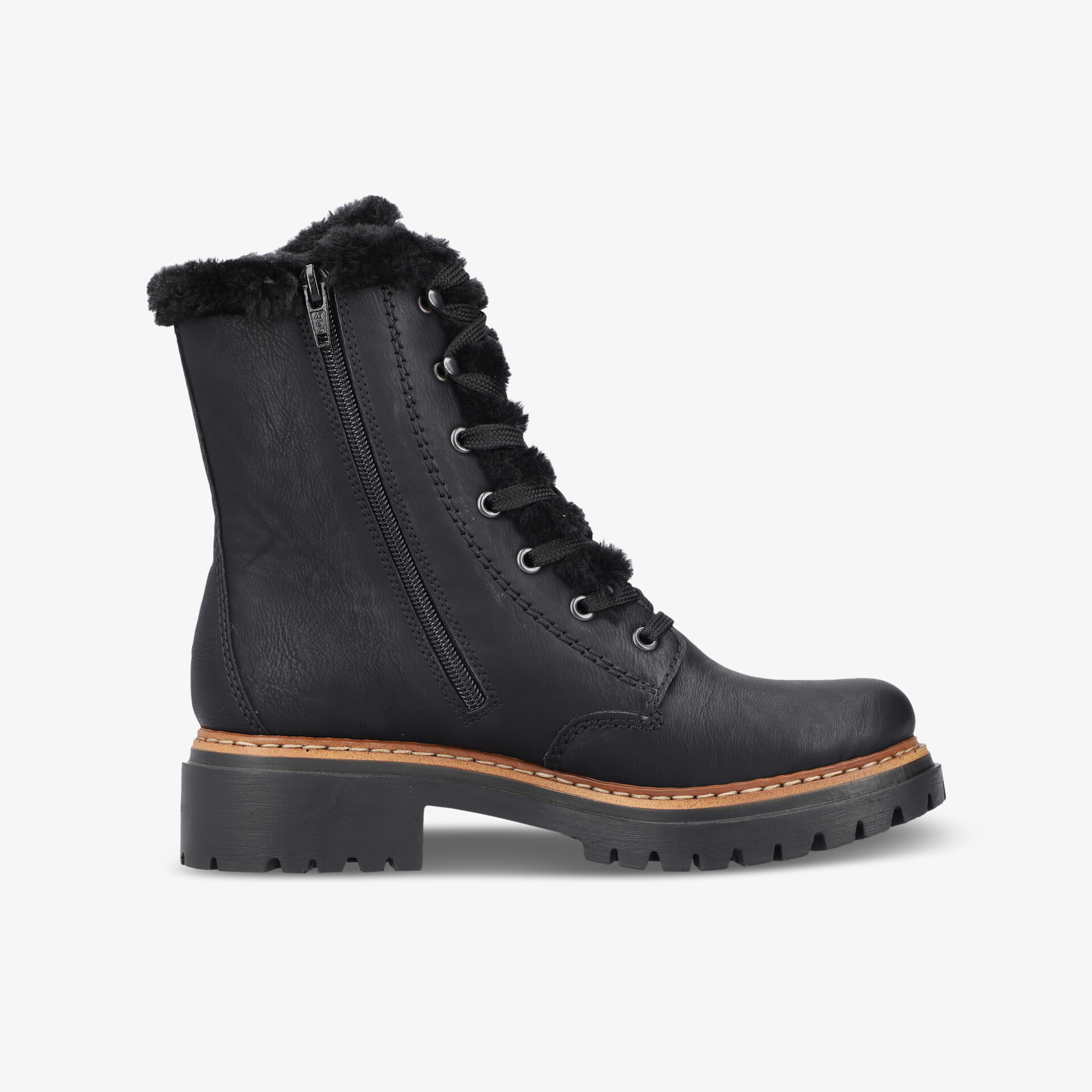 robuster schwarzer Stiefel mit warmem Innenfutter, seitlichem Reißverschluss und rutschfester Sohle