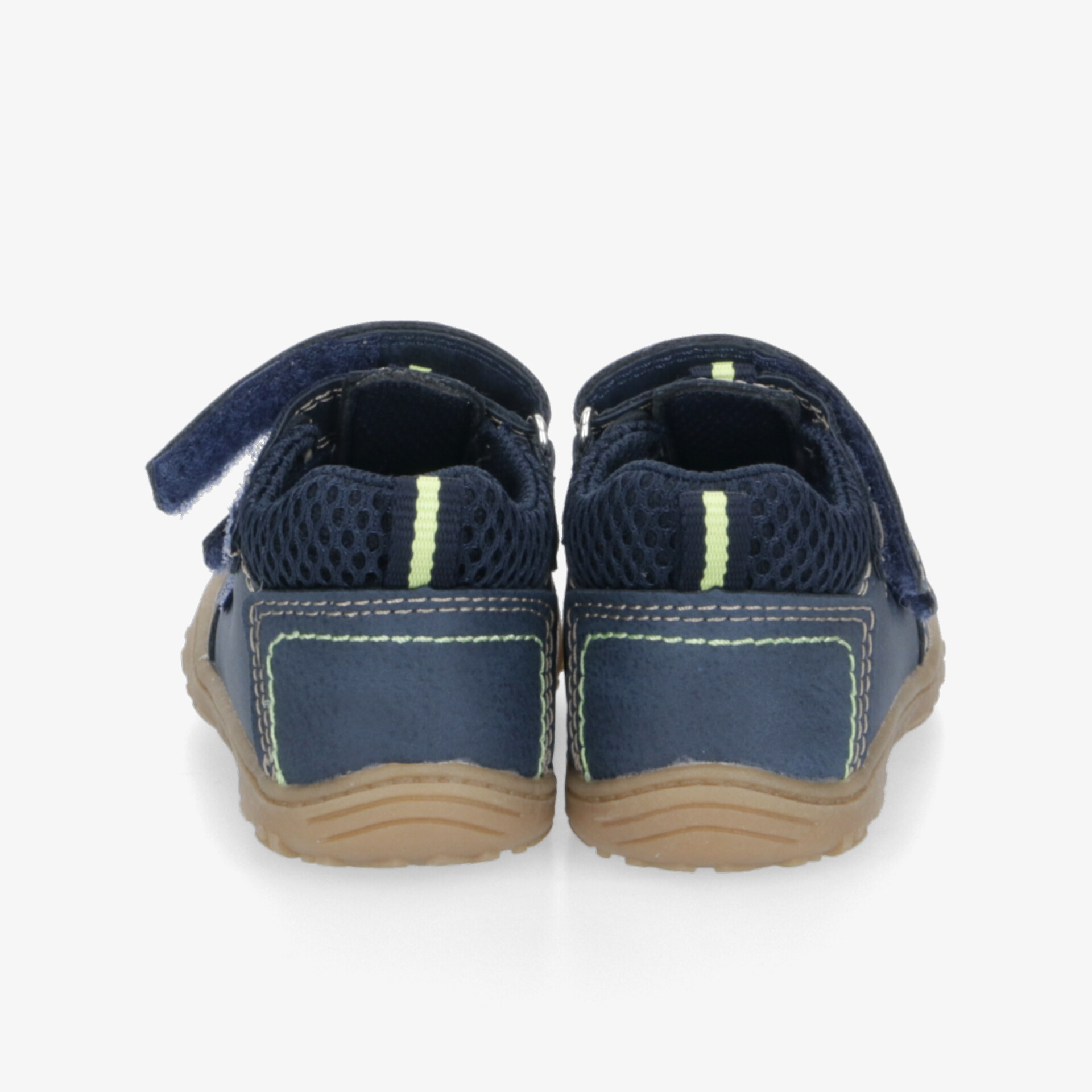 Kindersandalen in Navy mit brauner rutschfester Sohle und verstellbarem Klettverschluss, Rückansicht