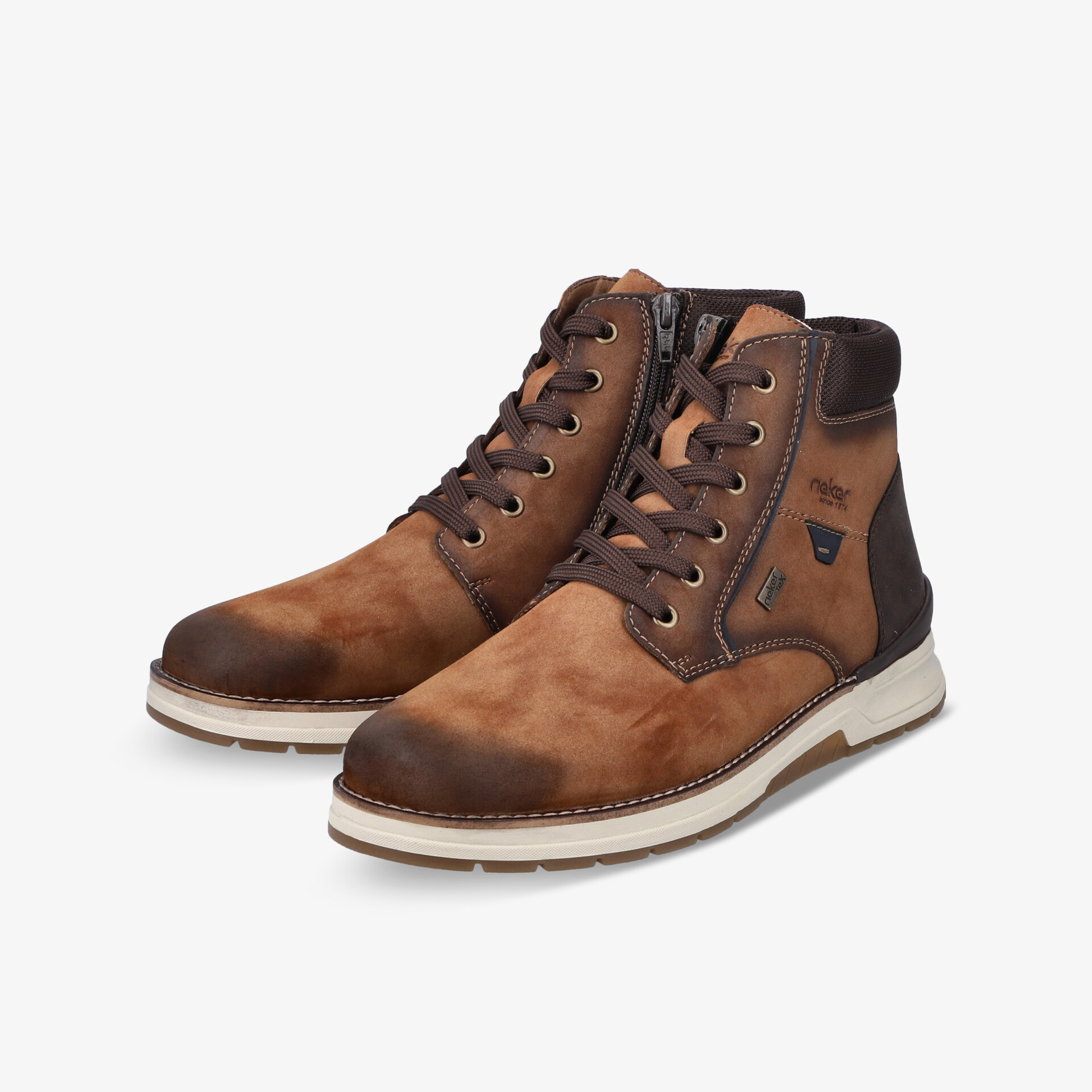 Braune Lederstiefel mit Schnürung und Reißverschluss, robust und komfortabel, stilvoller 3/4 Ansicht