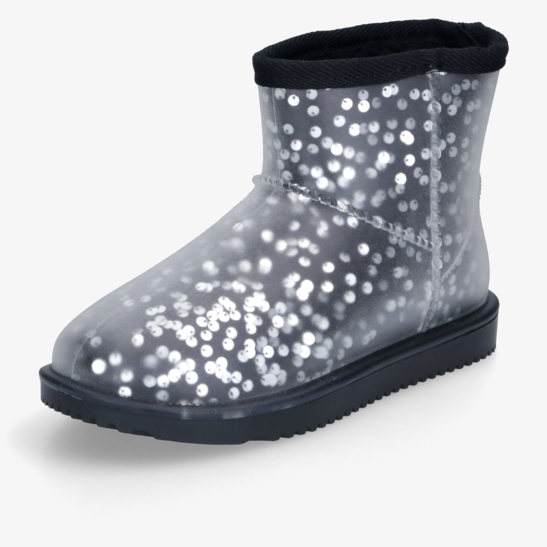 Glitzernder, wasserdichter Kurzstiefel mit schwarzem Rand und robuster Sohle für stilvolle Auftritte.