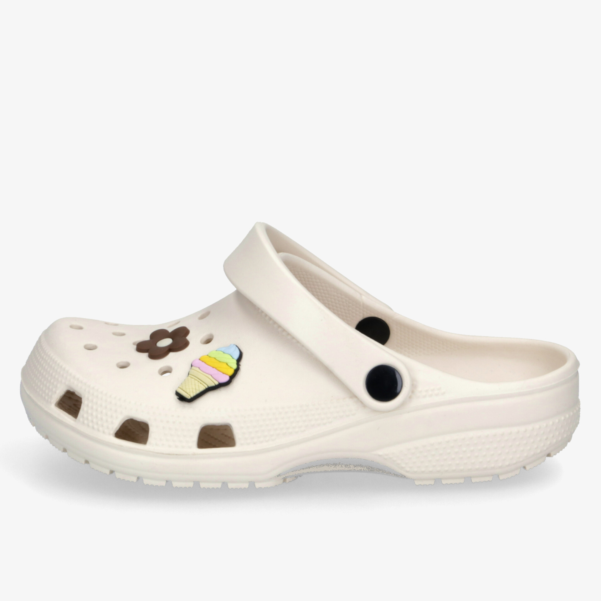 Cremefarbene Clogs mit farbenfrohen Aufnähern, rutschfeste Sohle und verstellbarem Riemen für optimalen Komfort