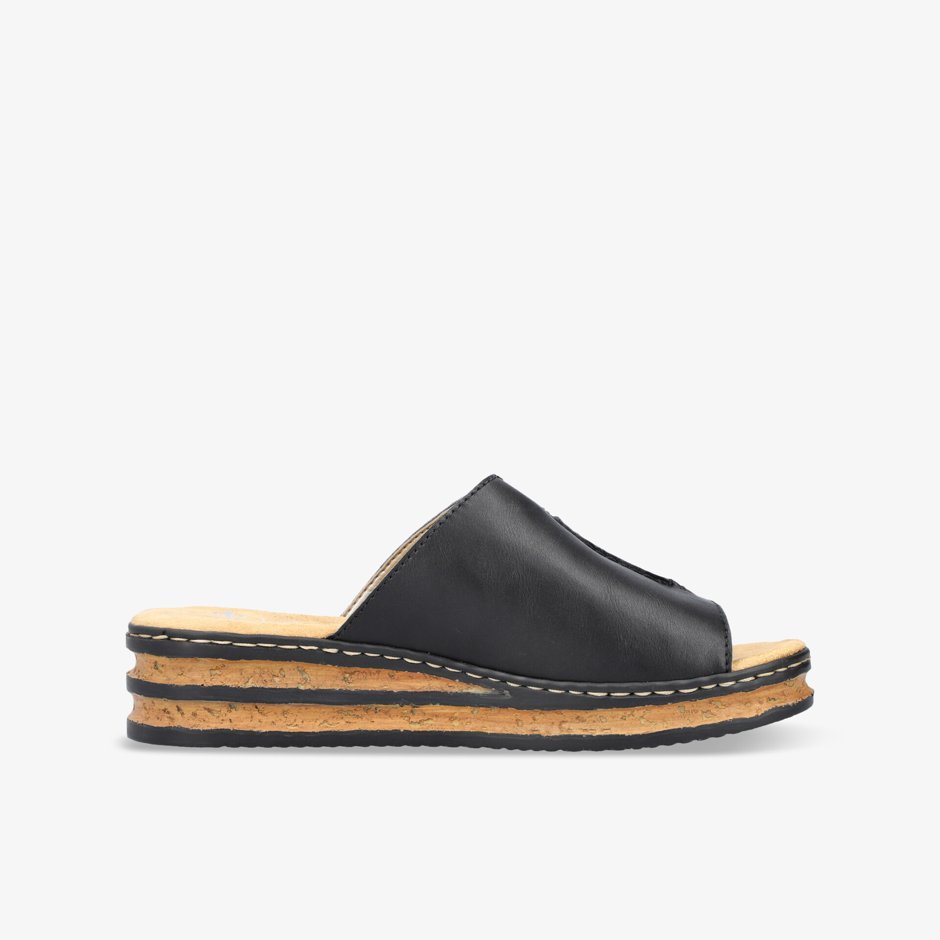 Schwarze Slide Sandale seitliche Ansicht mit offener Zehenpartie und rutschfester Sohle, komfortabel und leicht