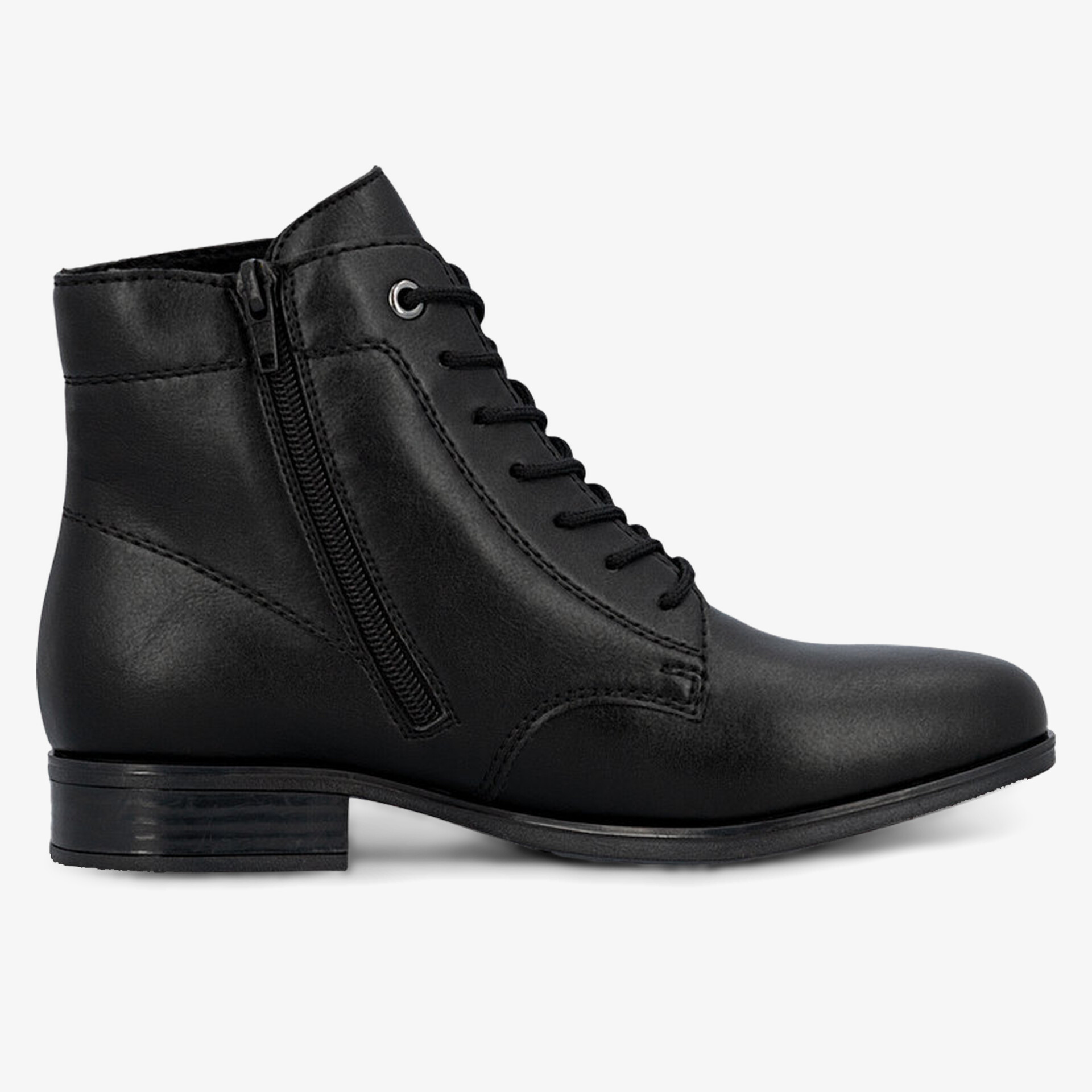 Seitliche Ansicht schwarzer Stiefel aus glattem Leder mit Reißverschluss und Schnürung, flacher Absatz