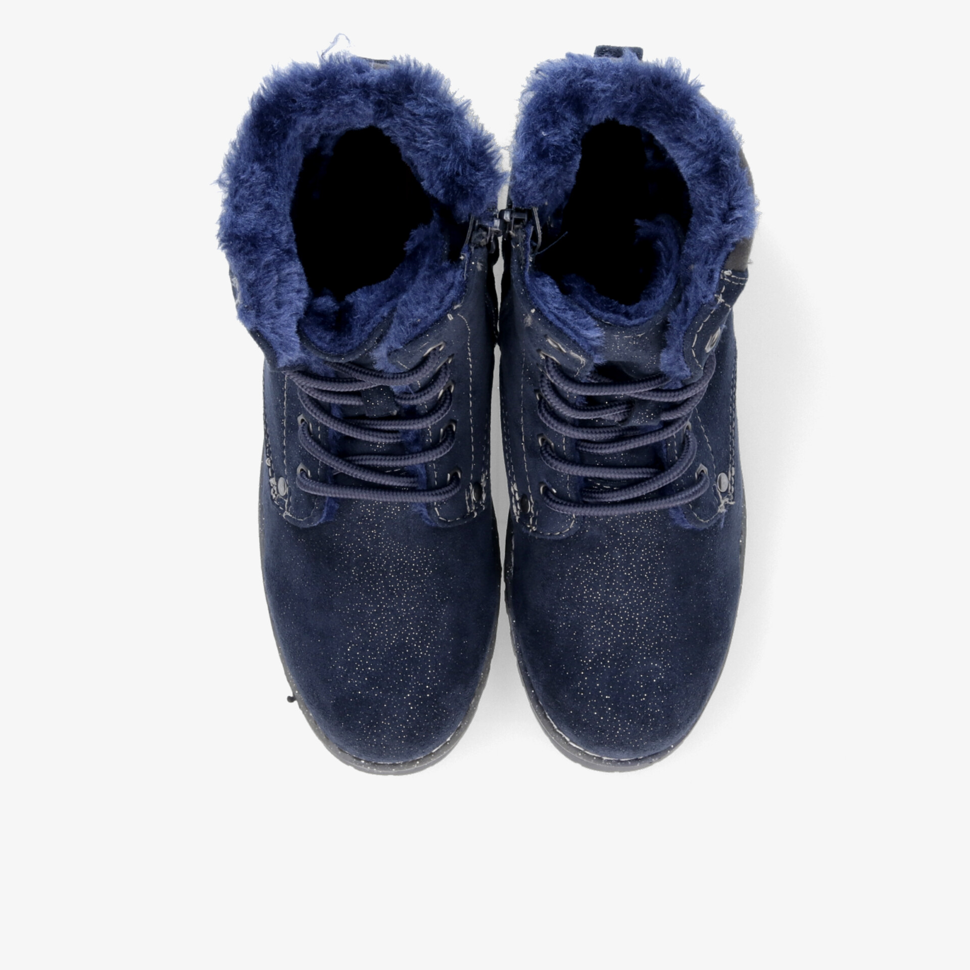 Warmes Paar Schuhe mit weichem Innenfutter und robuster Schnürung in dunkler Farbe, Draufsicht