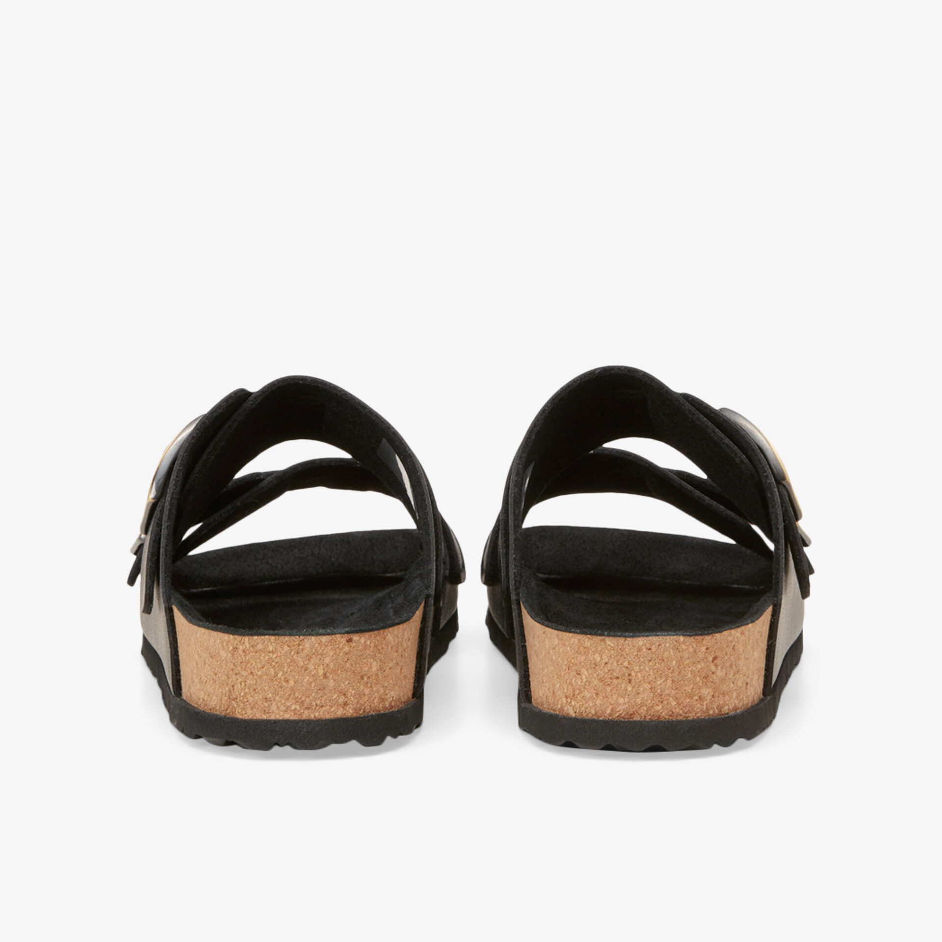 Bequeme schwarze Sandalen mit verstellbaren Riemen und ergonomischer Korksohle, Rückansicht