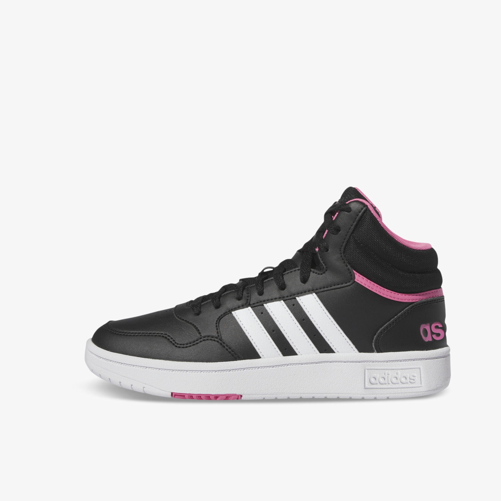 Stylischer und bequemer schwarzer und weißer Sneaker mit pinken Akzenten für sportliche Eleganz.