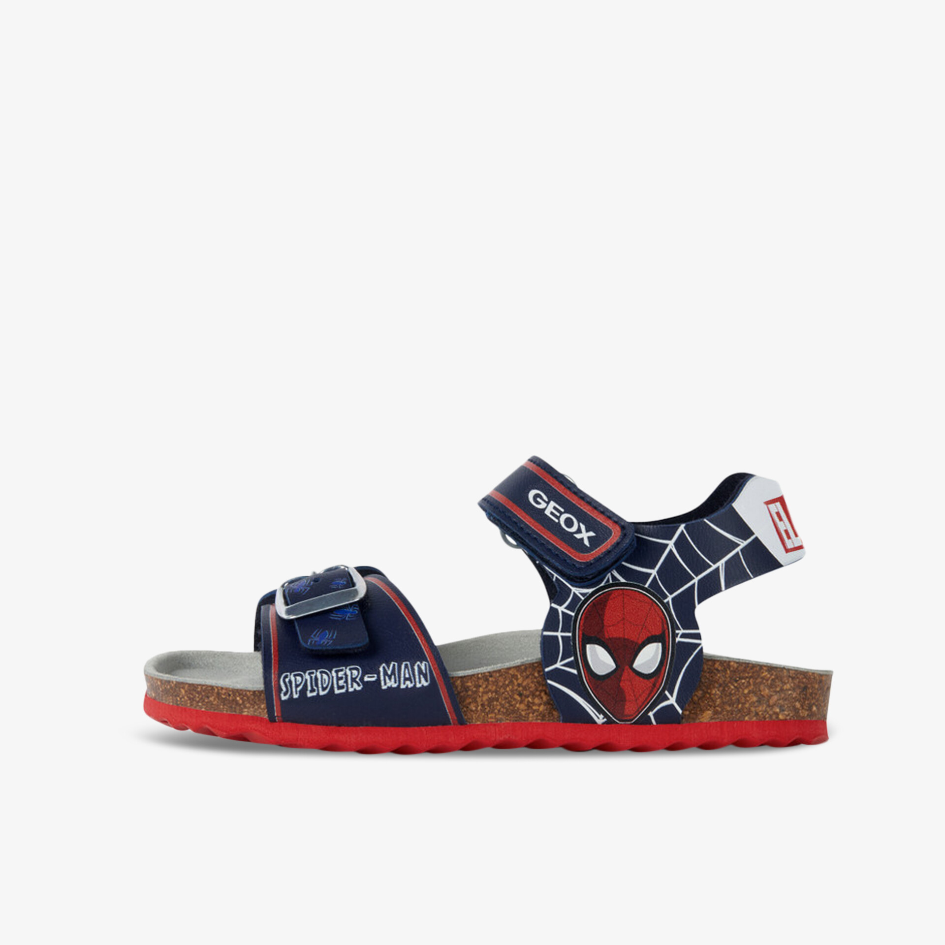 Stylische Sandale mit Spiderman-Motiv und roten Akzenten, ideal für bequemes Tragen über lange Zeit.