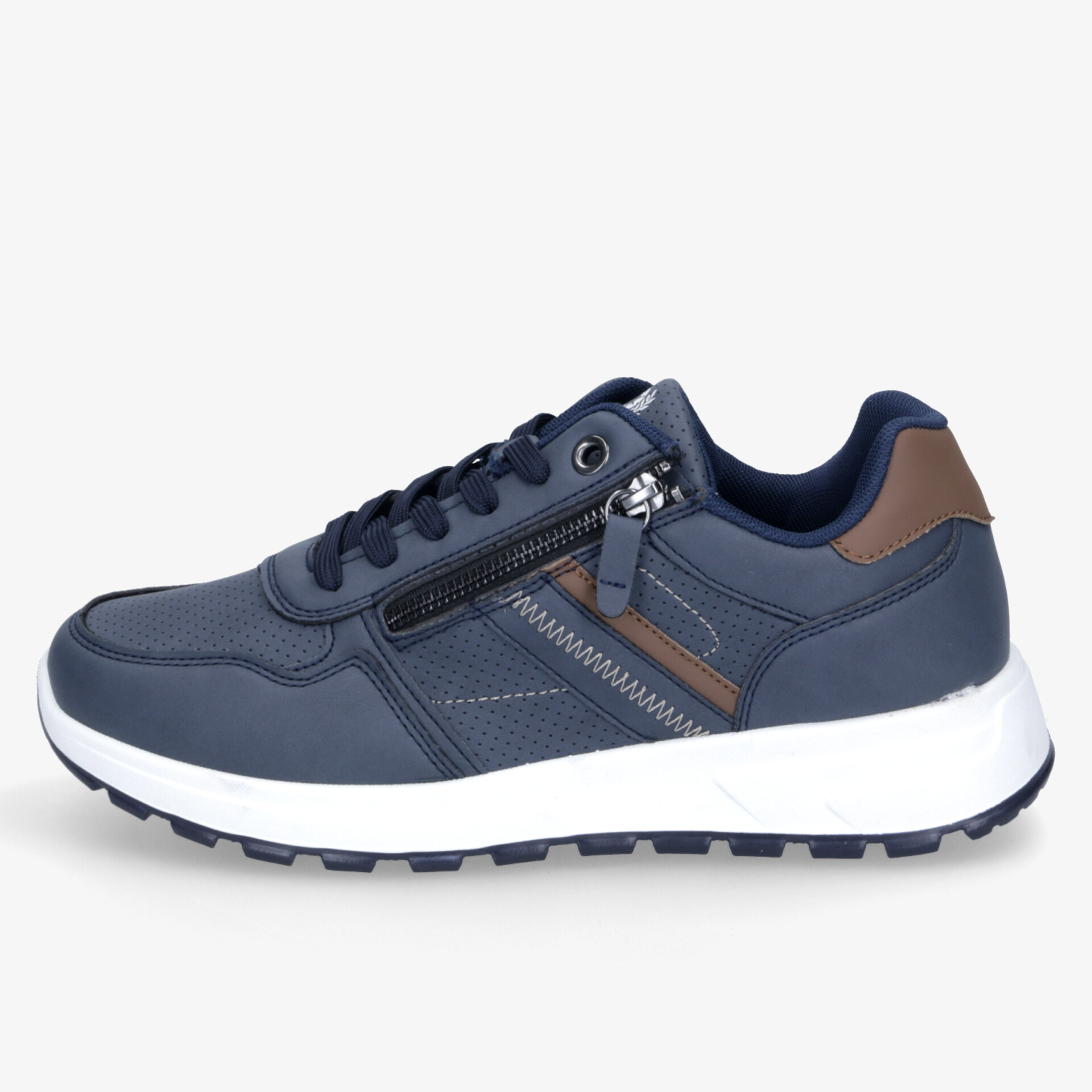 Moderner Sportschuh in Blau mit weißer Sohle und praktischem seitlichem Reißverschluss für einfachen Einstieg