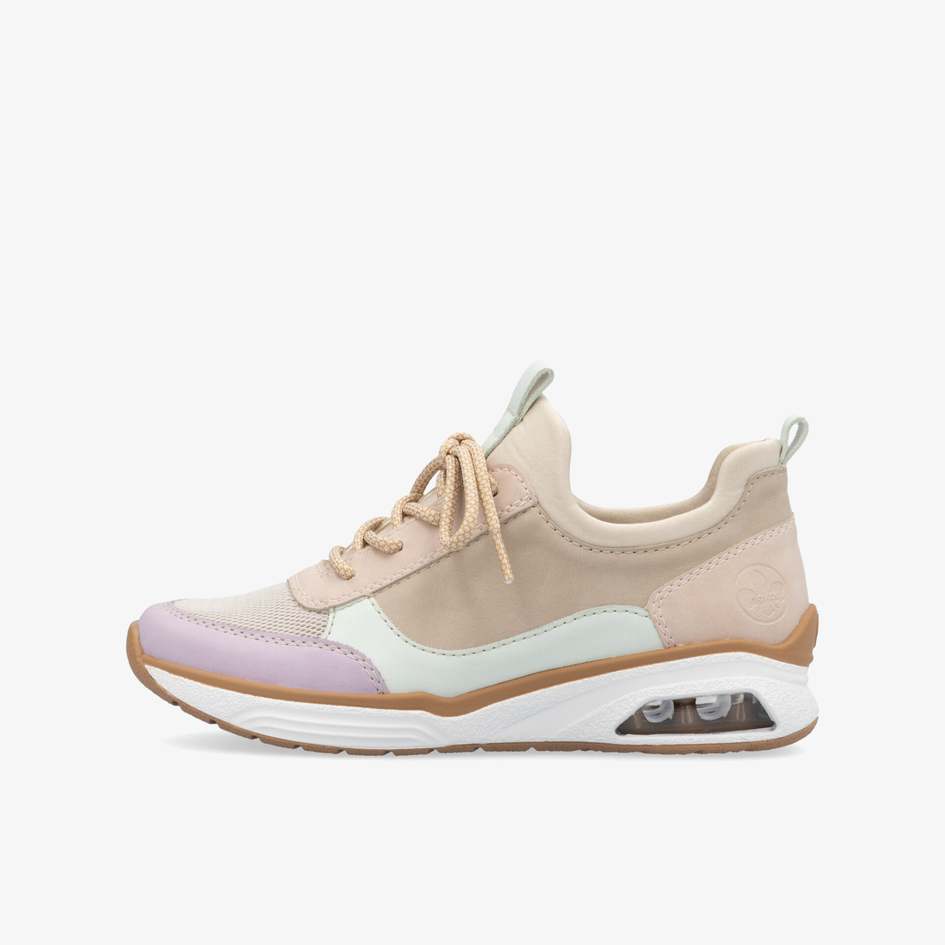 Sportlicher beiger Sneaker mit atmungsaktivem Obermaterial, stoßdämpfender Sohle und bequemer Passform seitlich