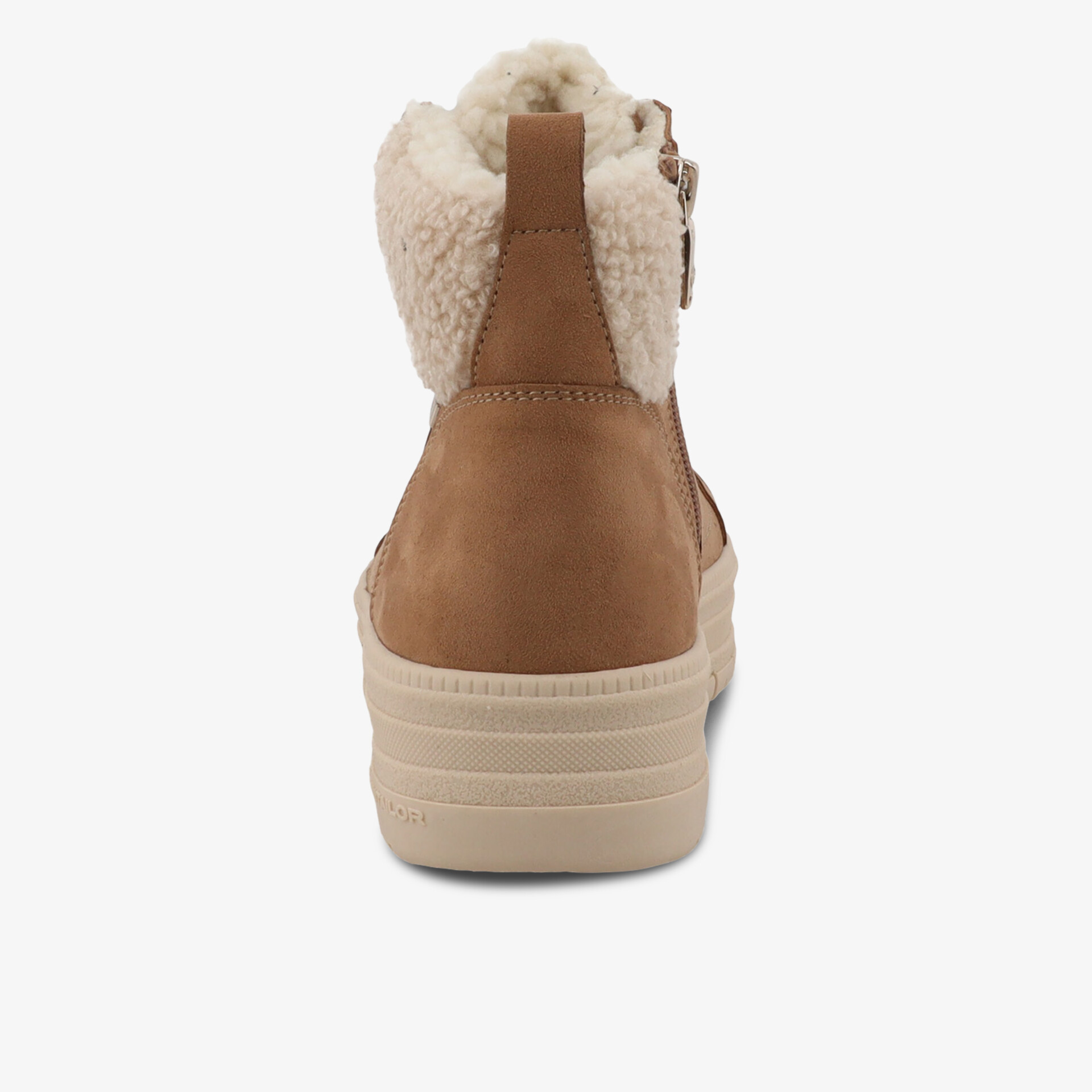 Rückansicht eines warm gefütterten Stiefels mit stabilem Absatz und weichem Innenfutter