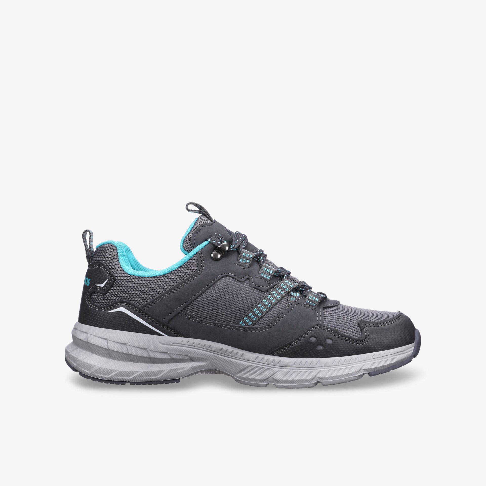 Grauer Sneaker mit blauer Innenpolsterung und stabiler Sohle. Ideal für Sport und Freizeit.