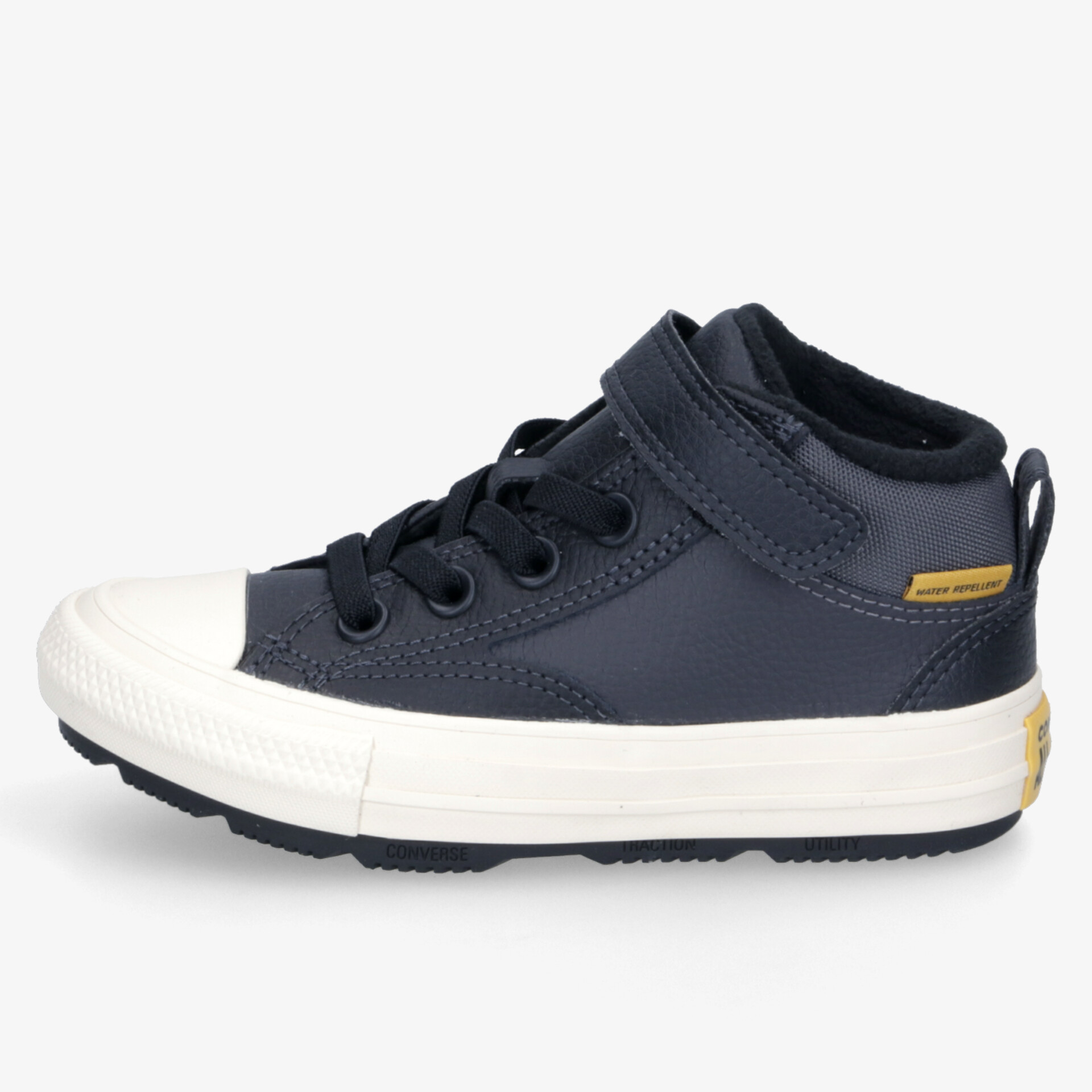 Moderner sportlicher Schuh in blau mit weißer rutschfester Sohle und praktischem Klettverschluss