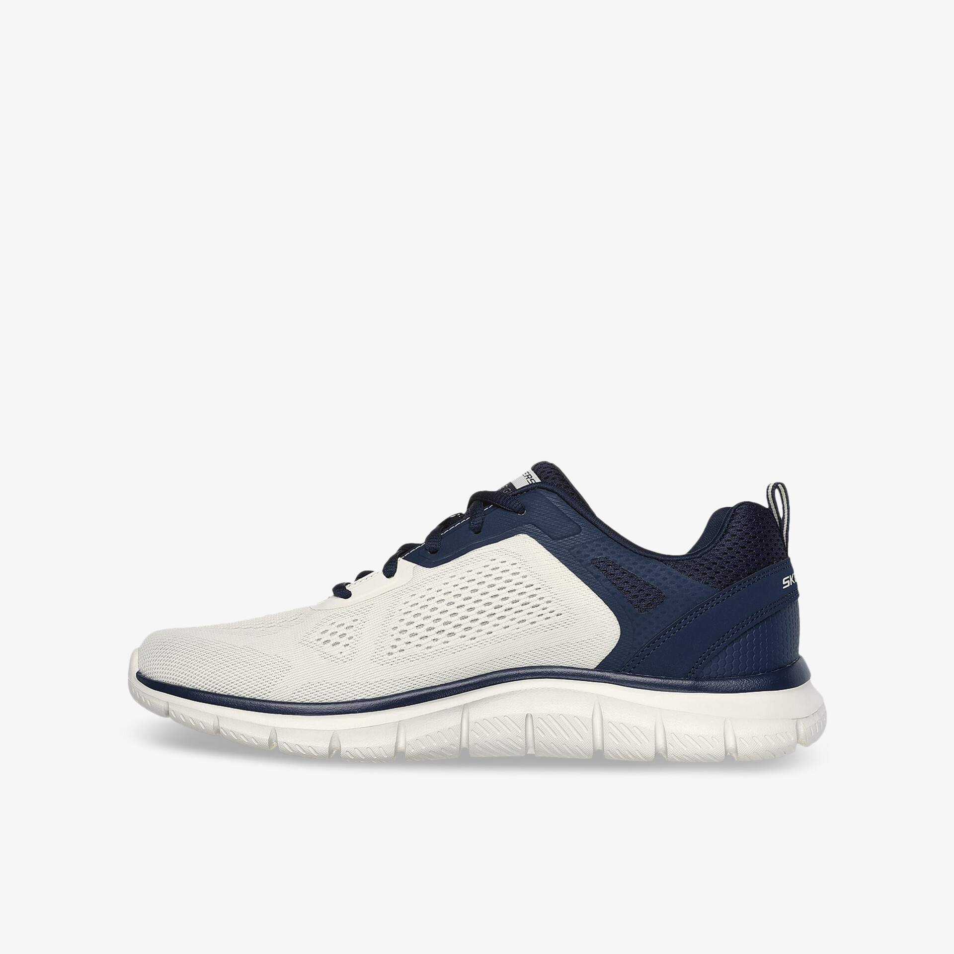 Moderner leichter Schuh mit flexibler Sohle und atmungsaktivem Obermaterial in blau und weiß, seitliche Ansicht