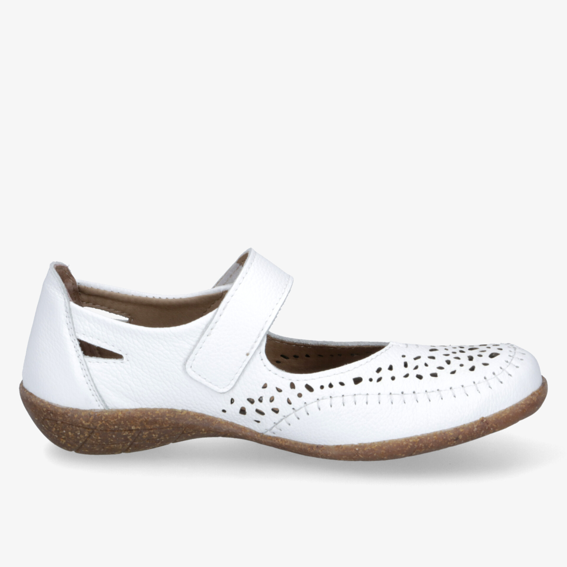 Bequemer weißer Schuh mit verstellbarem Klettverschluss und eleganten Lochmustern für optimalen Tragekomfort