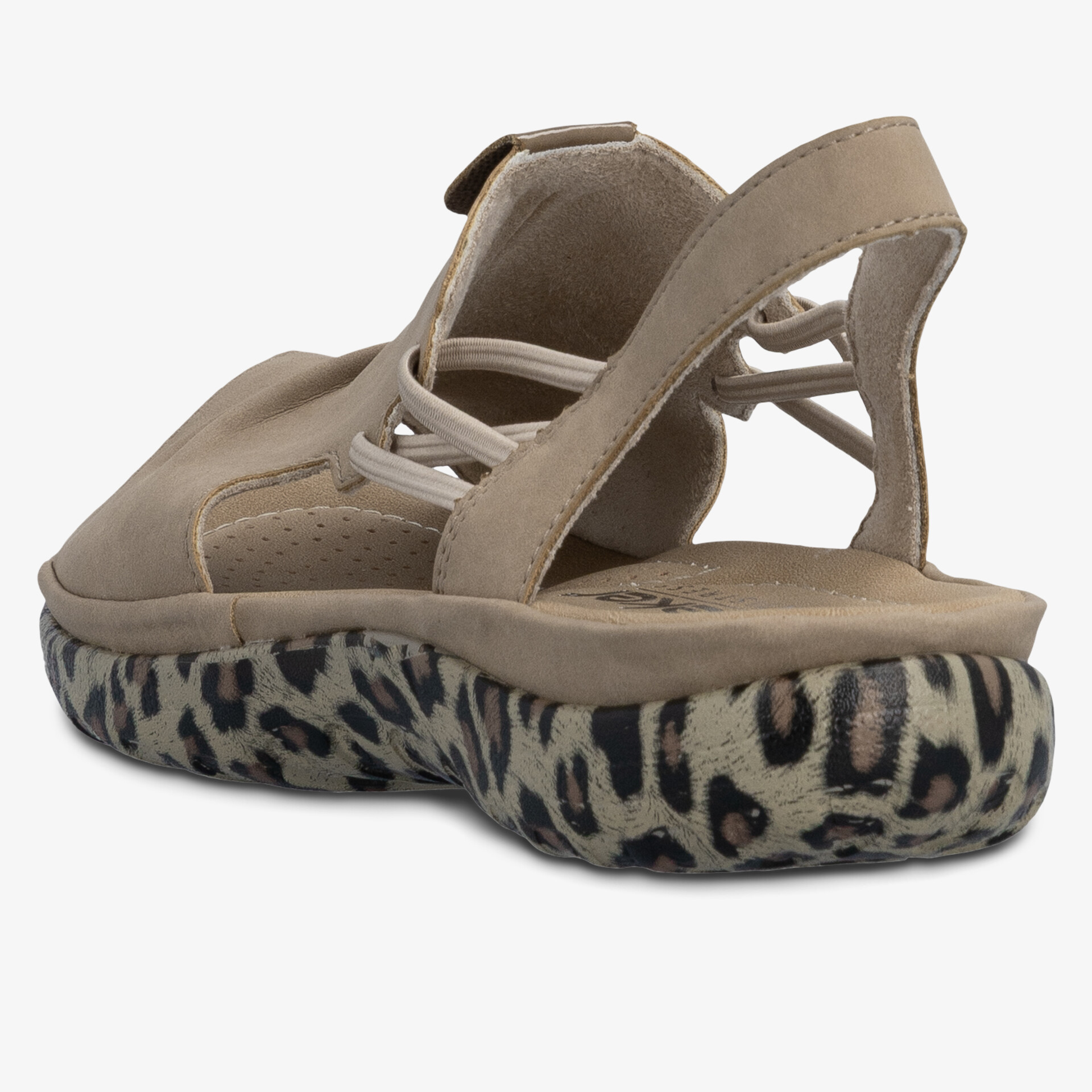 Bequeme Sandale mit gepolstertem Riemen und auffälliger Leopardenmuster-Sohle, Rückansicht