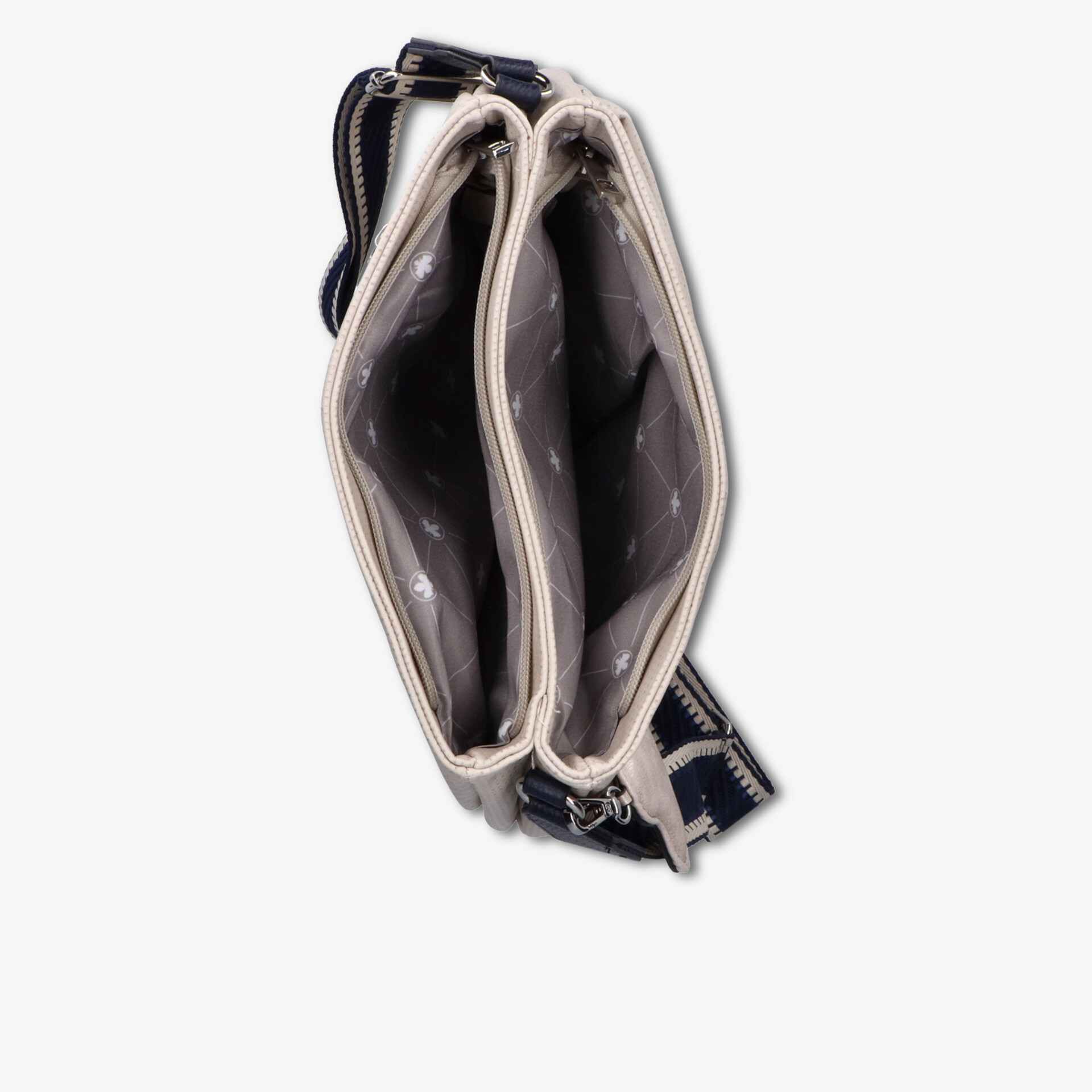 Obere Draufsicht auf geräumige Tasche mit zwei Fächern und Reißverschluss, glattes Innenmaterial