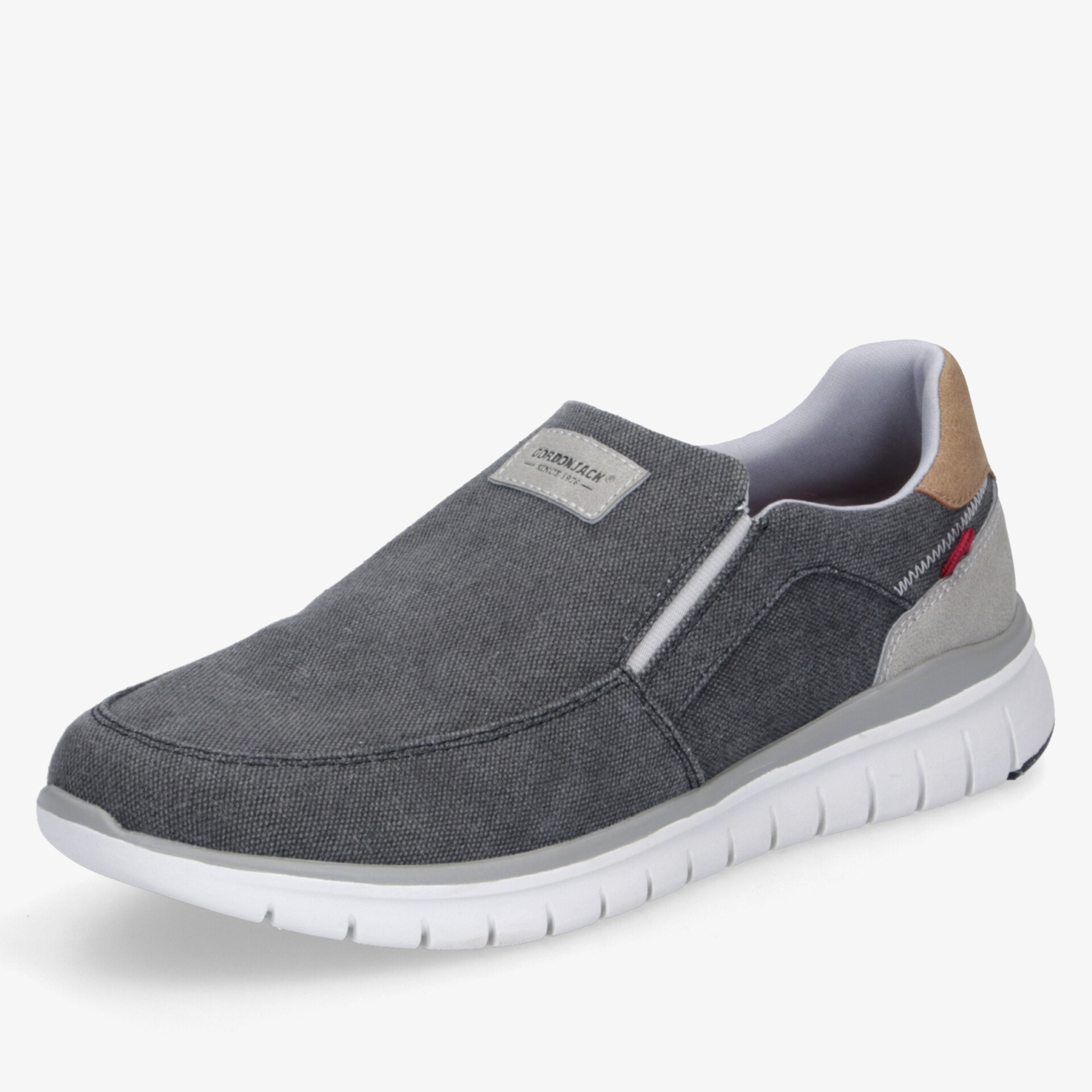 Leichter grauer Slip-On Schuh mit elastischem Einsatz und flexibler rutschfester Sohle für komfortablen Alltag