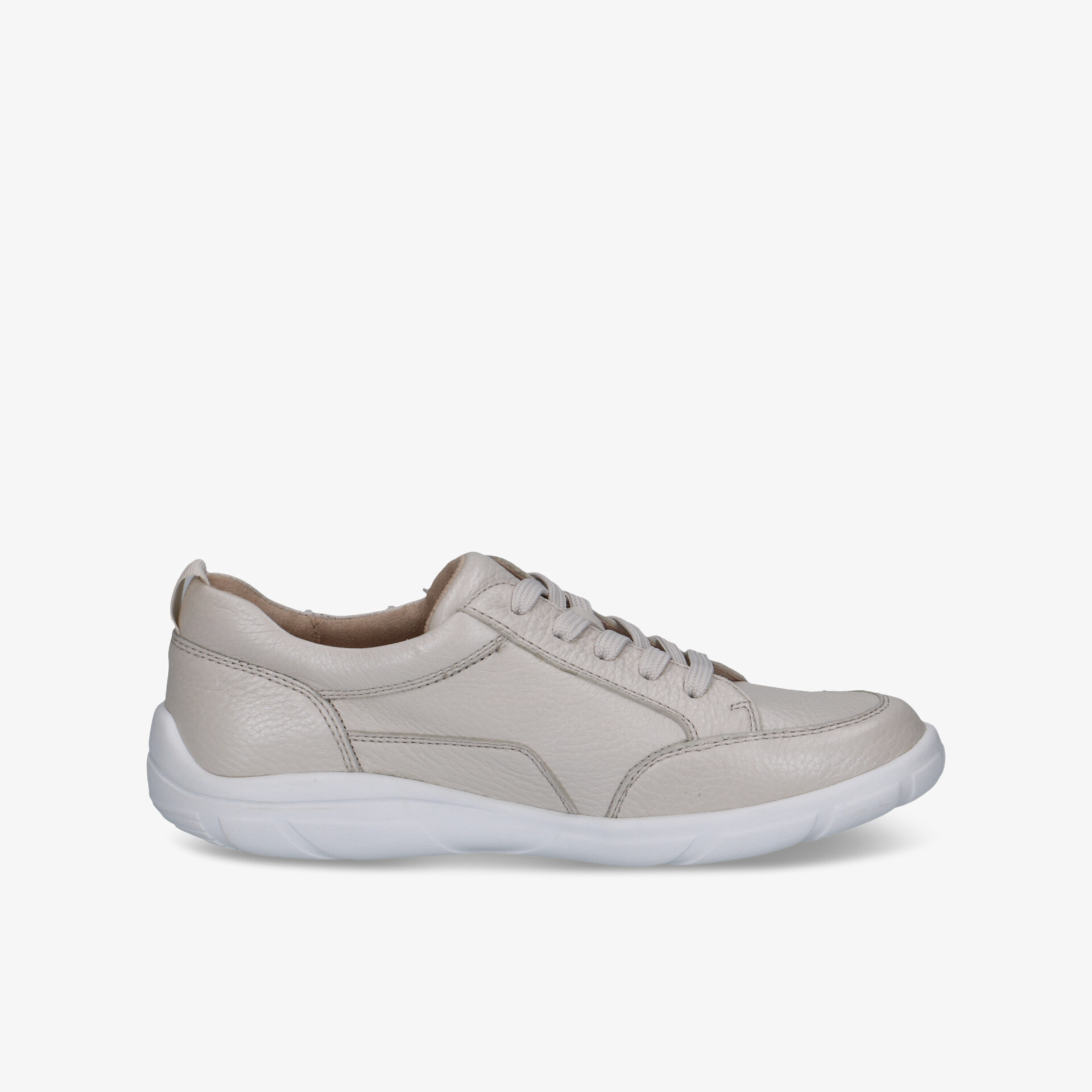 Beiger Sneaker mit leichter, gepolsterter Sohle und komfortablem Sitz in klarer seitlicher Ansicht