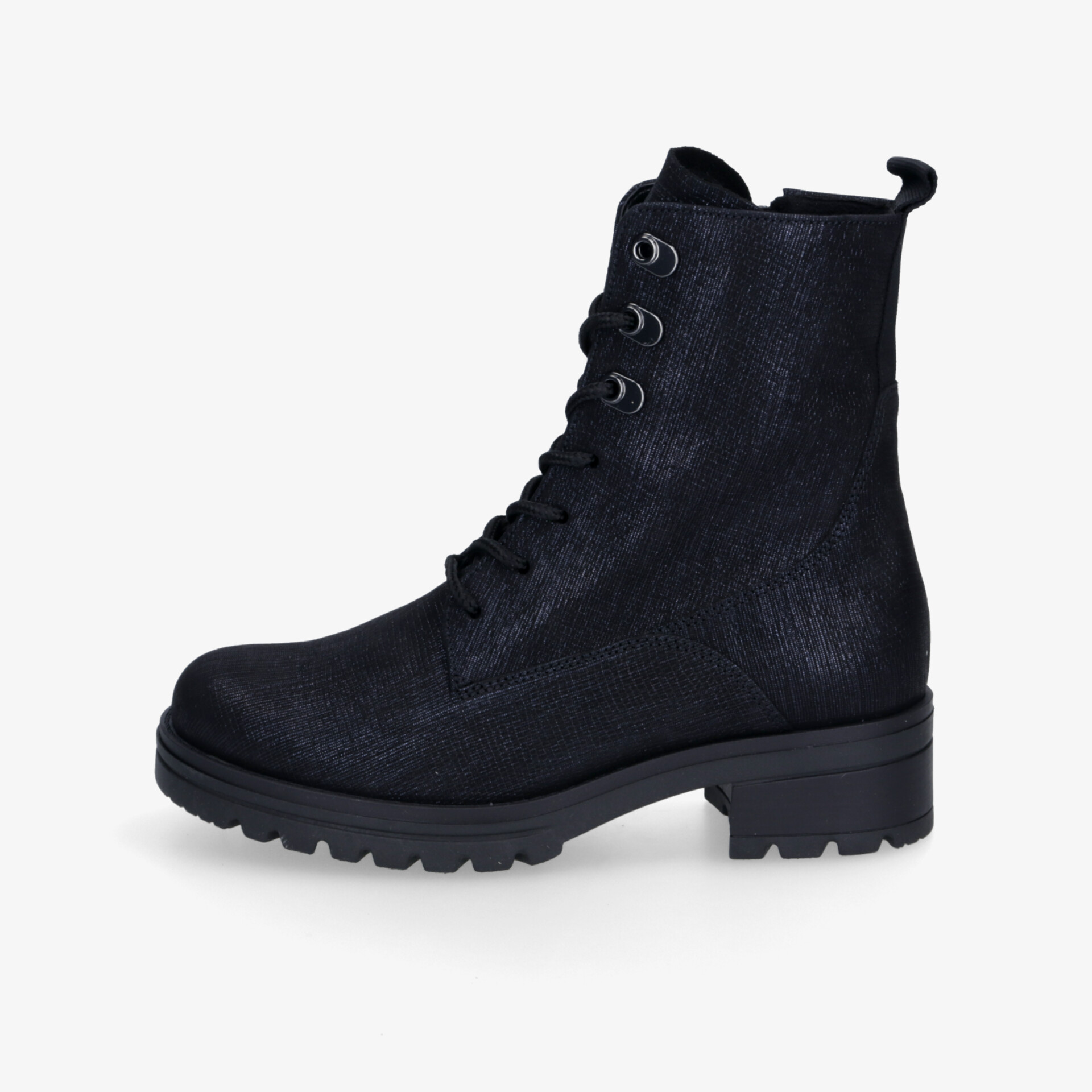 Schwarzer robuster Schnürstiefel mit profilierter Sohle und komfortablem, modischem Design seitlich dargestellt