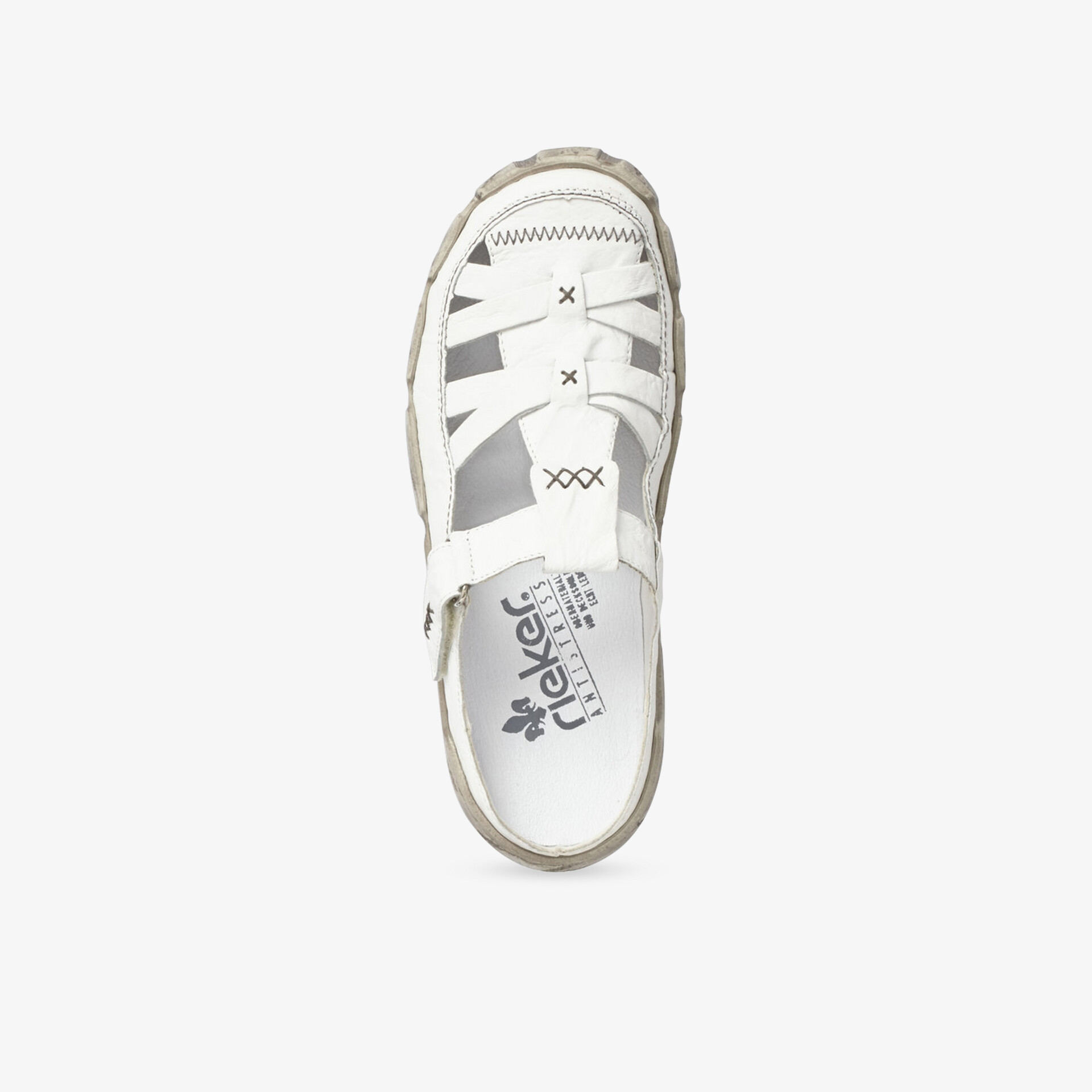 Weißer, atmungsaktiver Sandale mit verstellbarem Klettverschluss und weicher, leichter Sohle, Draufsicht