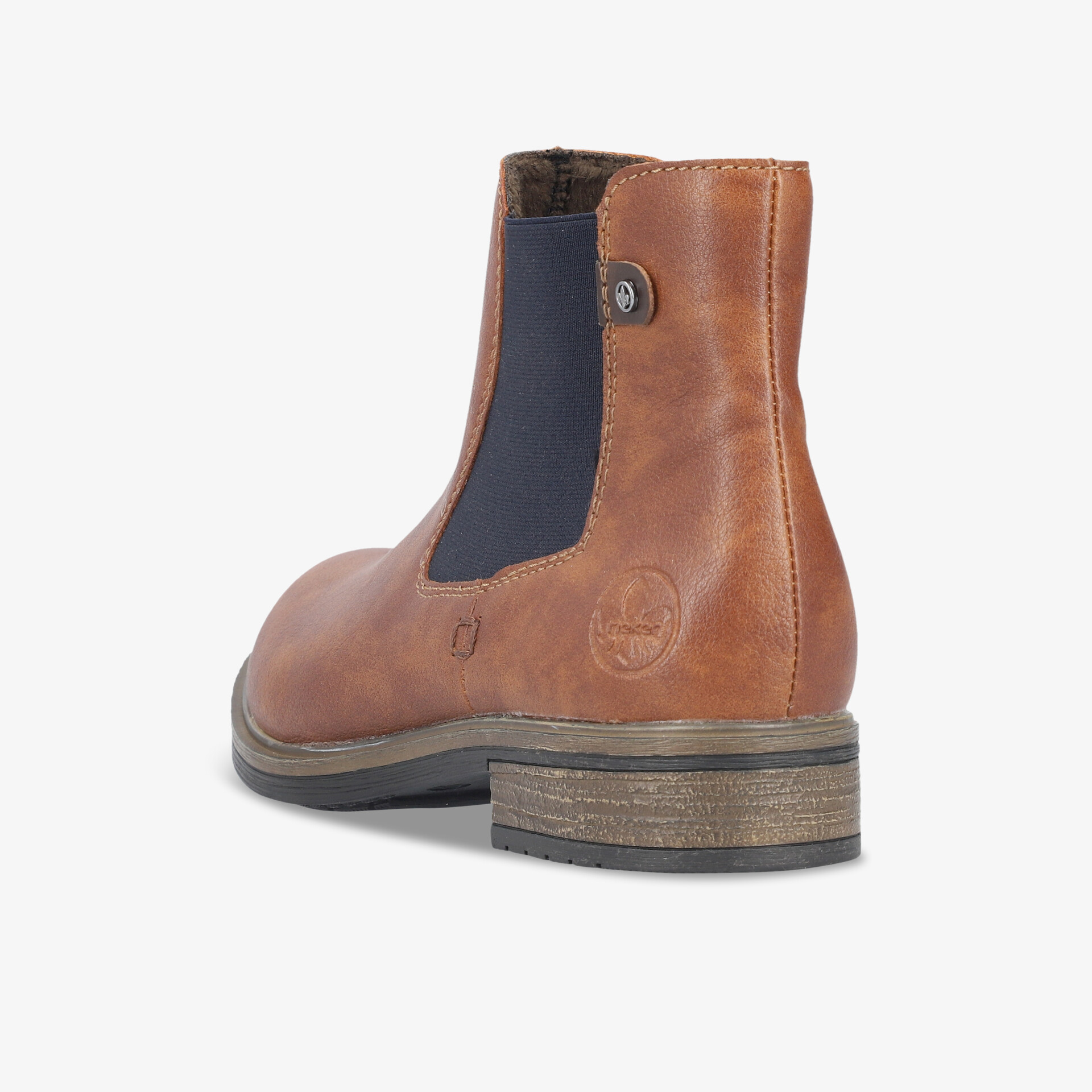 Brauner Lederschuh mit elastischen Seiteneinsätzen und robustem Absatz, Rückansicht klar sichtbar