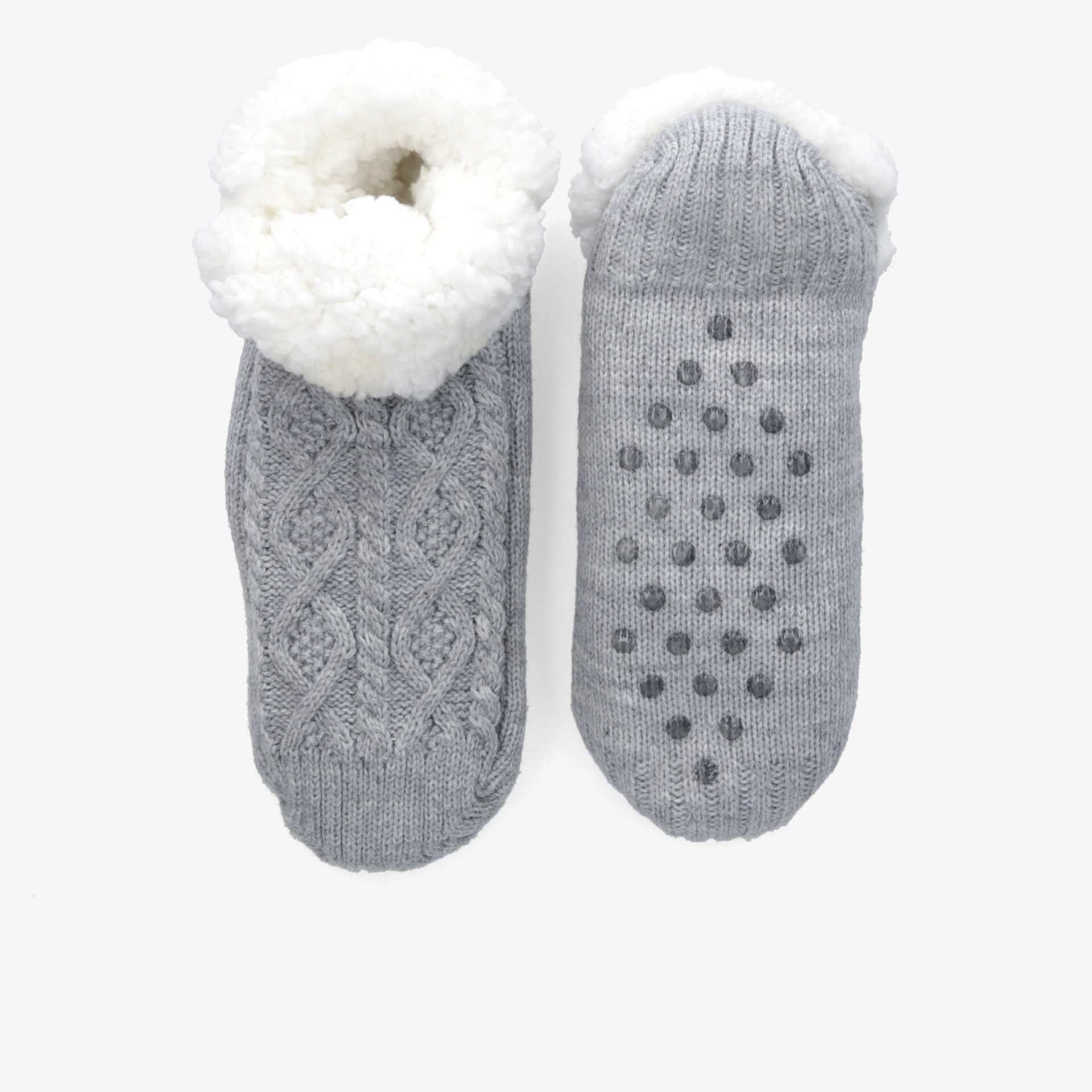 Graue warme gestrickte Hausschuhe mit weichem, kuscheligem Innenfutter und rutschfester Sohle für hohen Komfort