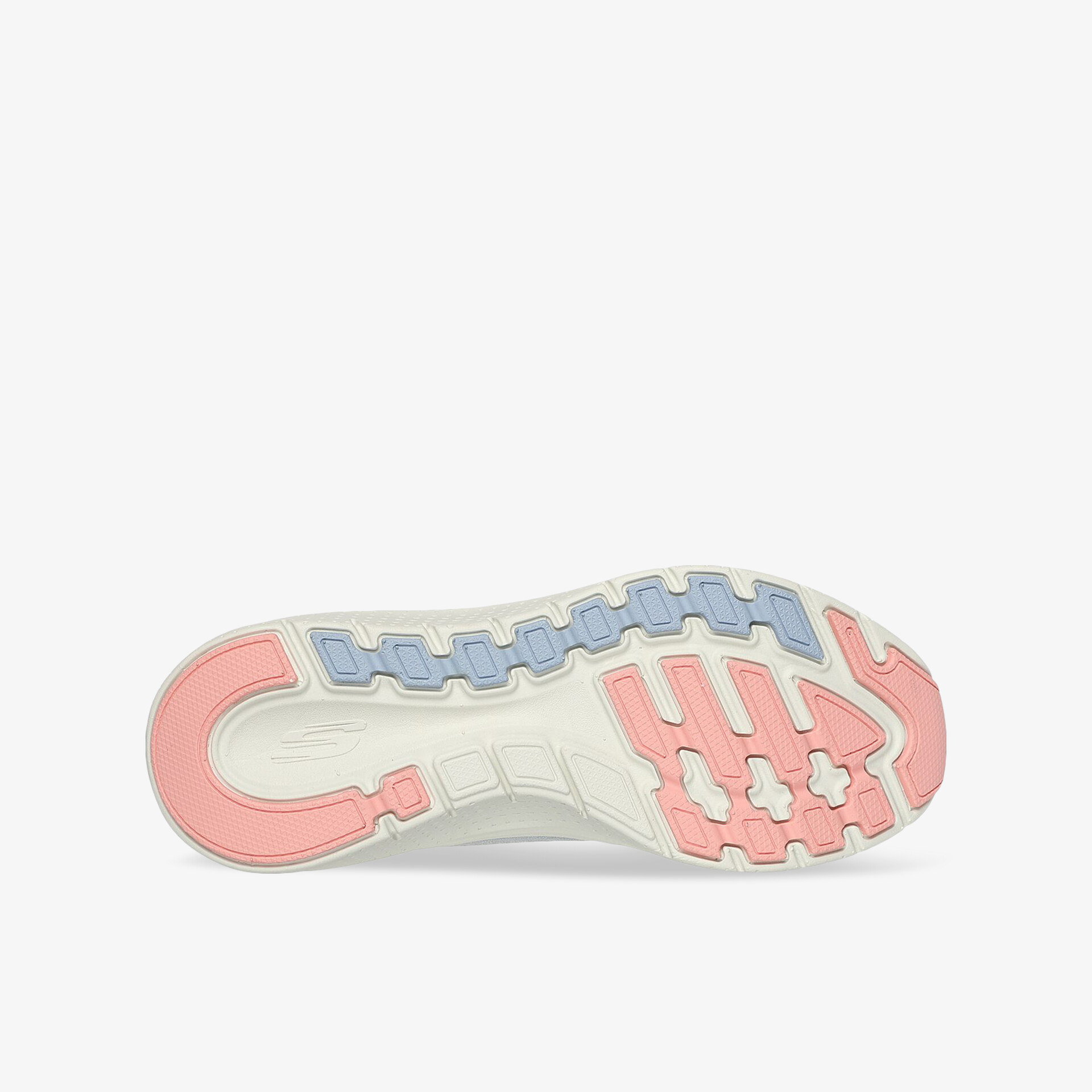 Robuste und rutschfeste Schuhsohle mit funktionalem Profil in Weiß, Blau und Koralle für optimale Trittsicherheit