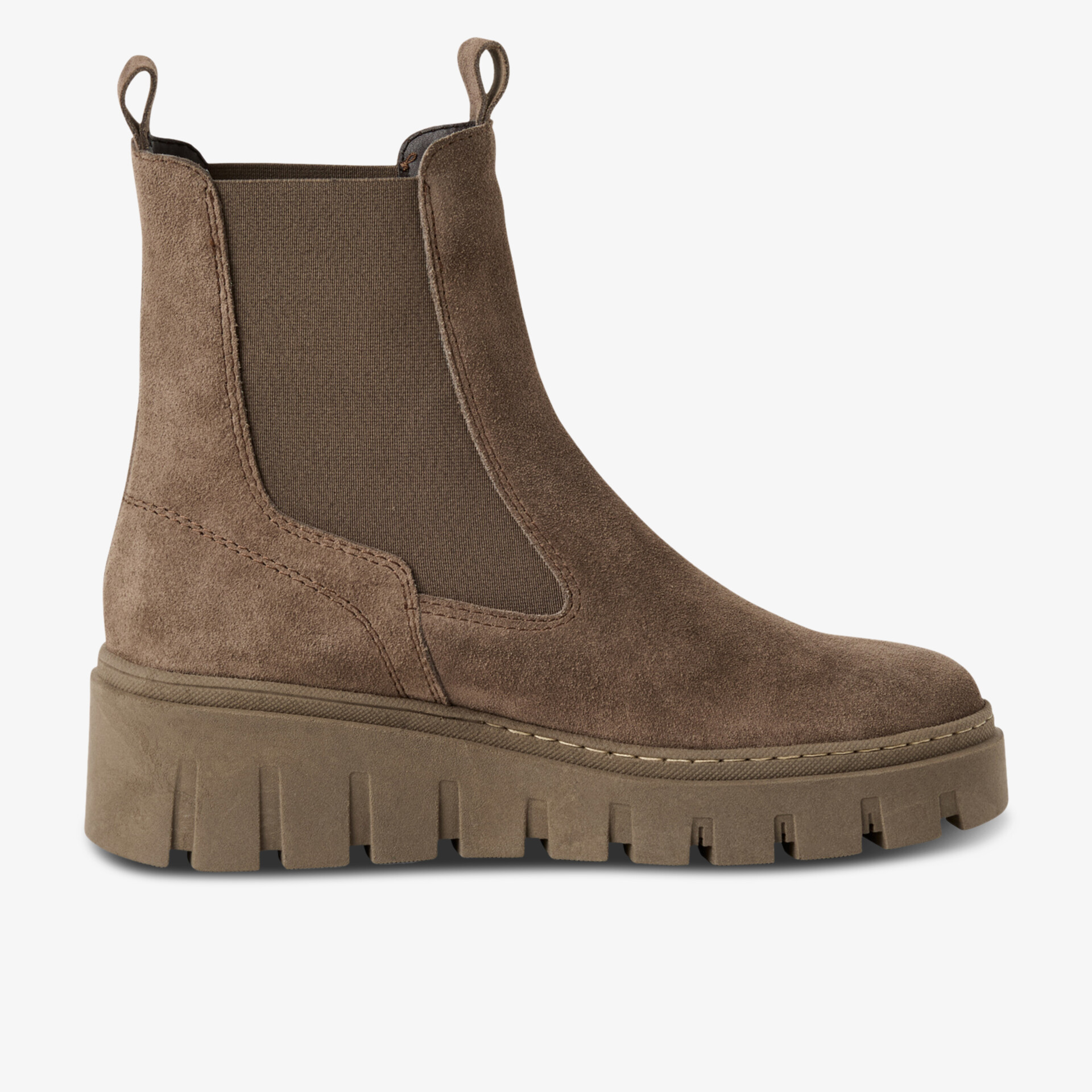 Moderner brauner Chelsea Boot aus Veloursleder mit elastischen Einsätzen und profilierter Sohle