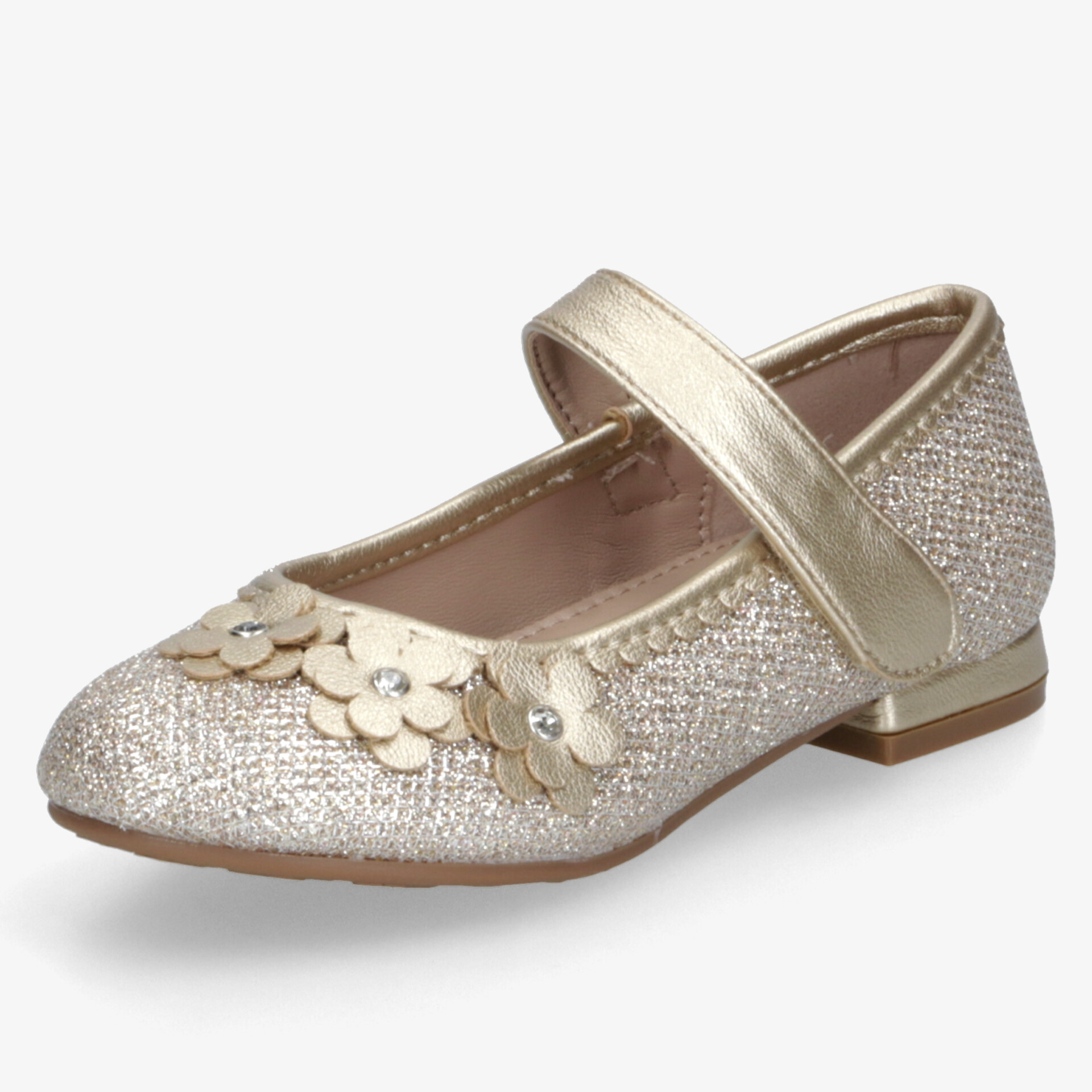 Glitzernder Schuh mit verstellbarem Riemen und dekorativen Blumenapplikationen, flacher bequemer Absatz