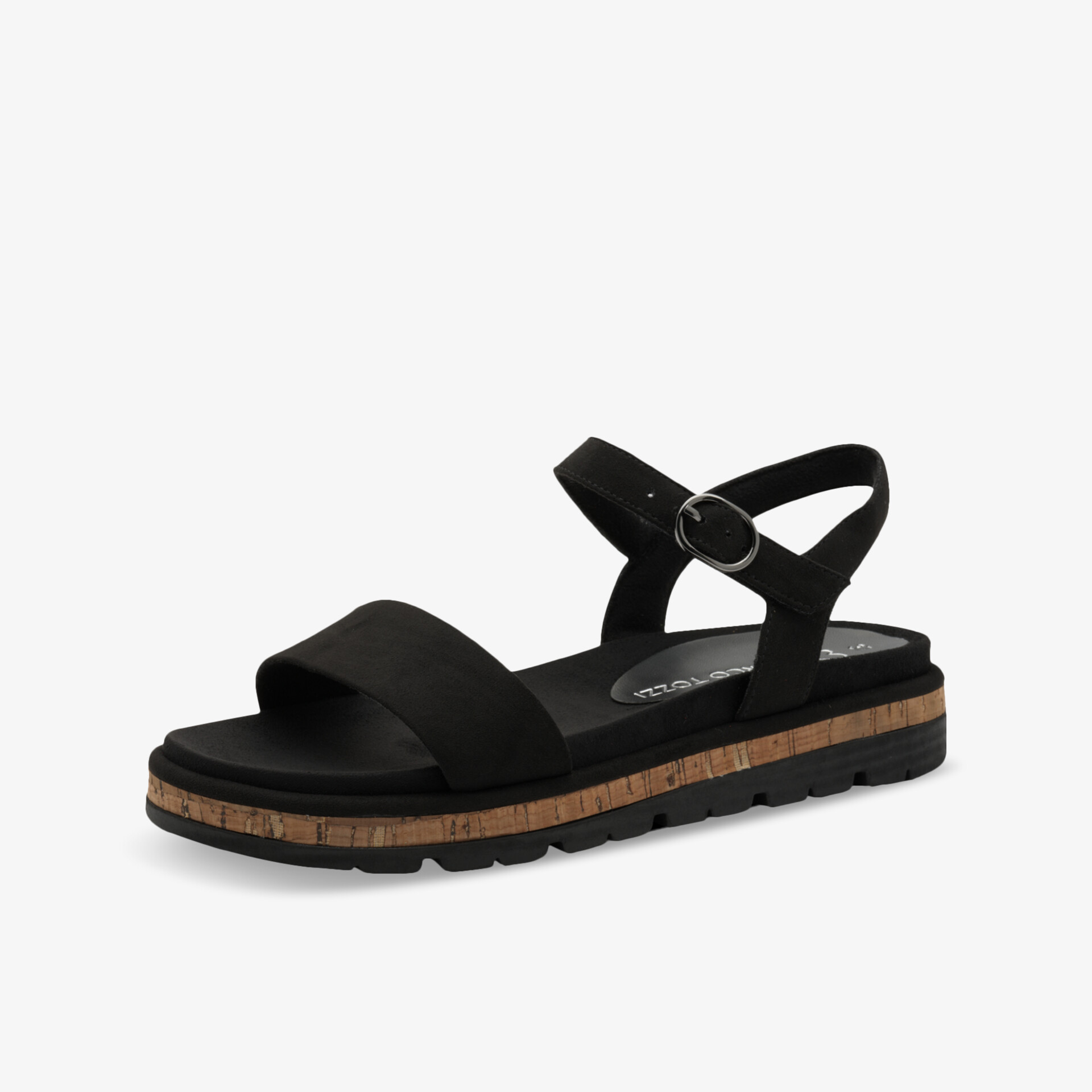 Schwarze Sandale mit verstellbarem Riemen und komfortabler, leichter Korksohle für angenehmen Tragekomfort