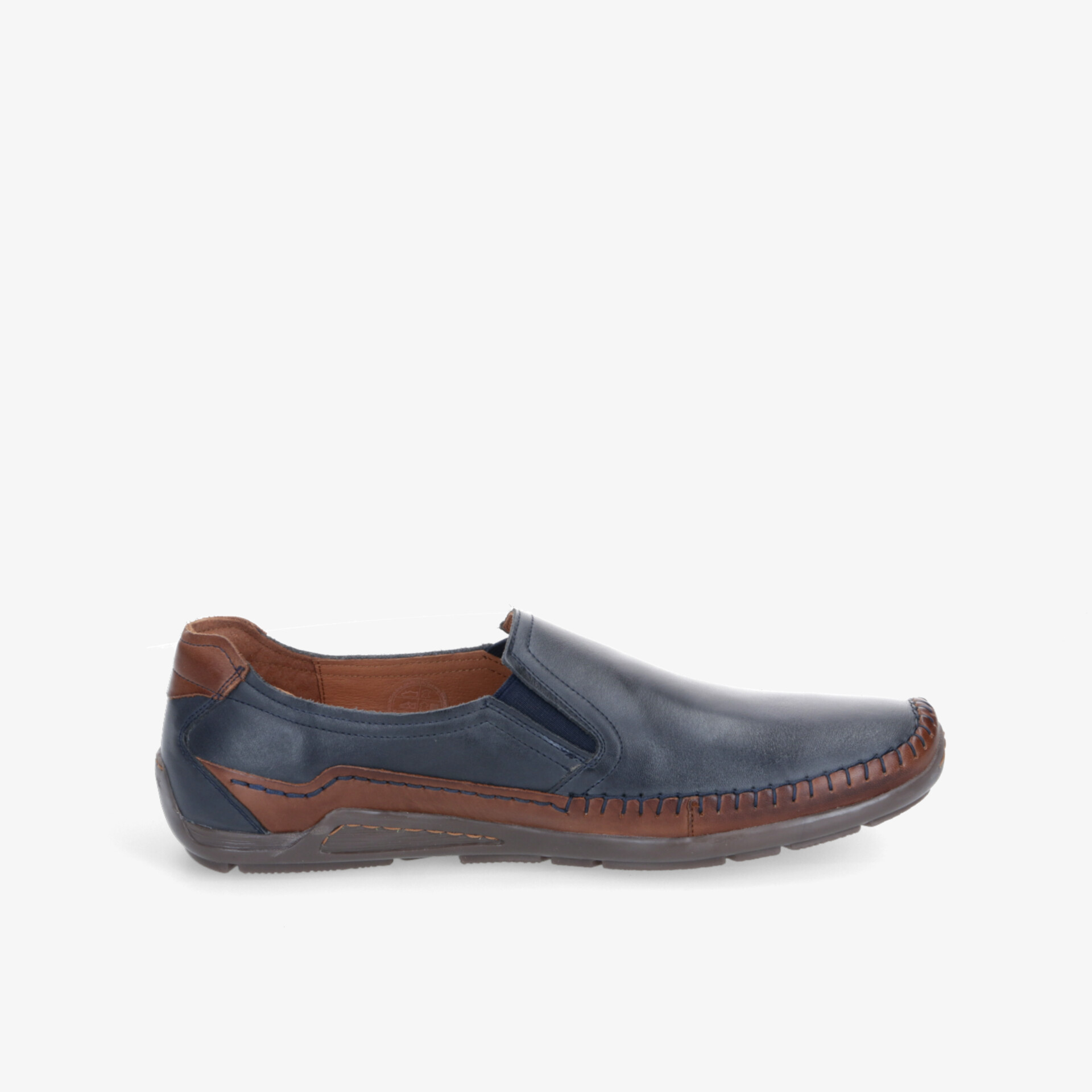 Eleganter blauer Slipper mit braunen Akzenten, komfortabel und flexibel, rutschfeste Sohle, seitliche Ansicht