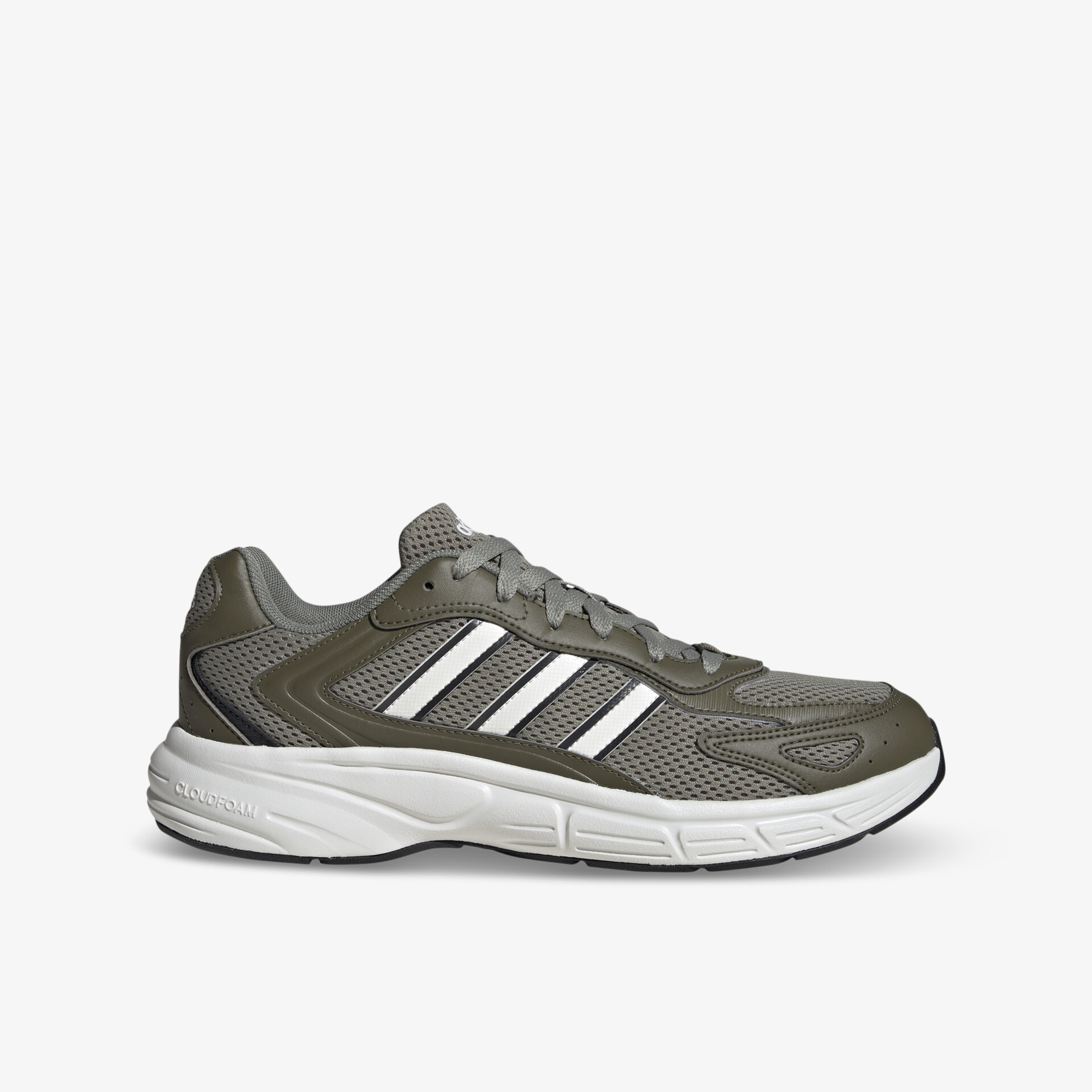 Leichter grauer Sportschuh mit weißen Streifen, atmungsaktiv und stoßdämpfend, ergonomisches Design und flexible Sohle seitlich sichtbar