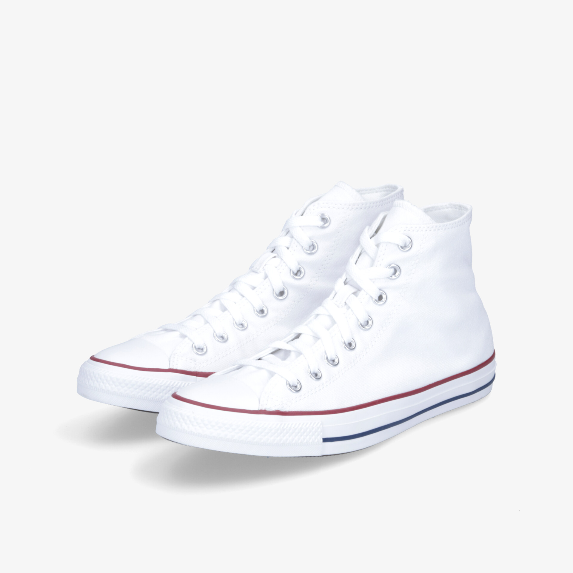 Klassische weiße High-Top-Sneaker mit roten und blauen Akzentstreifen, ideal für Freizeit und stilvollen Komfort.