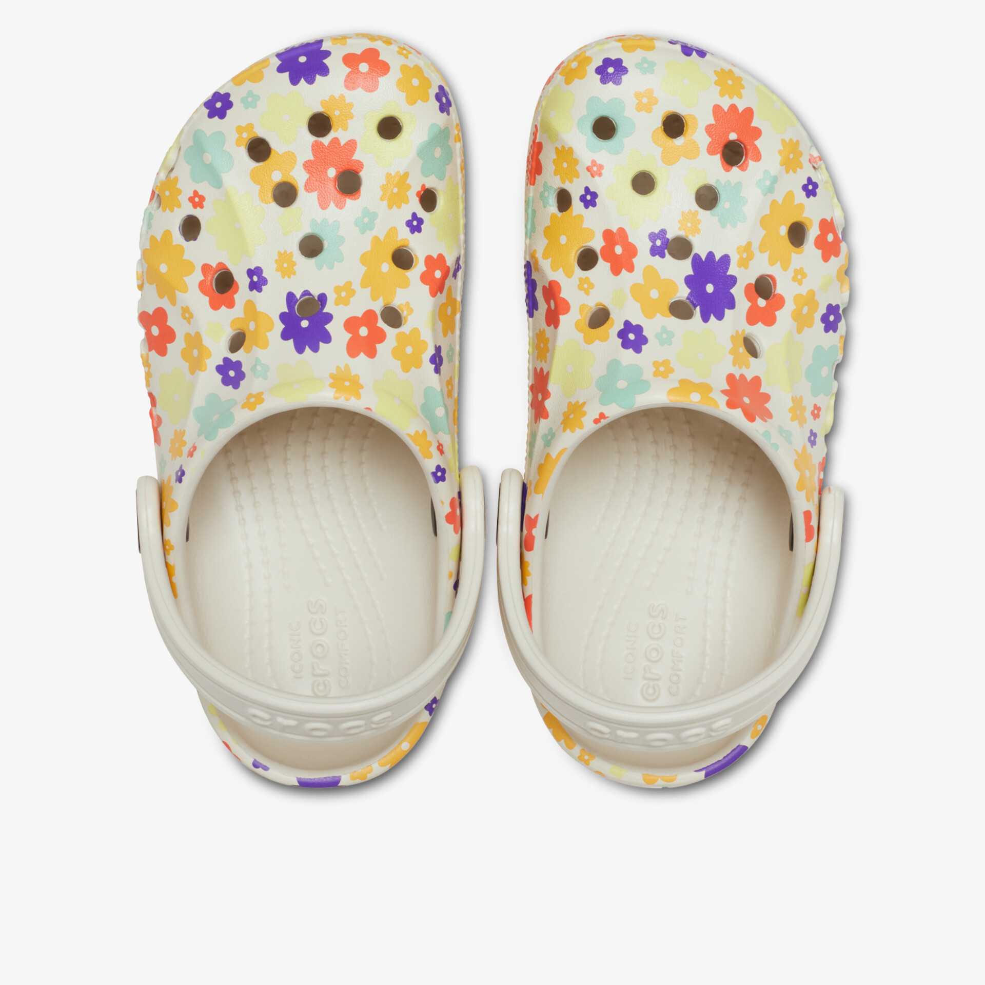 Draufsicht auf bunte Clogs mit Blumenmuster, bequem und leicht, ideal für Alltag und Freizeit