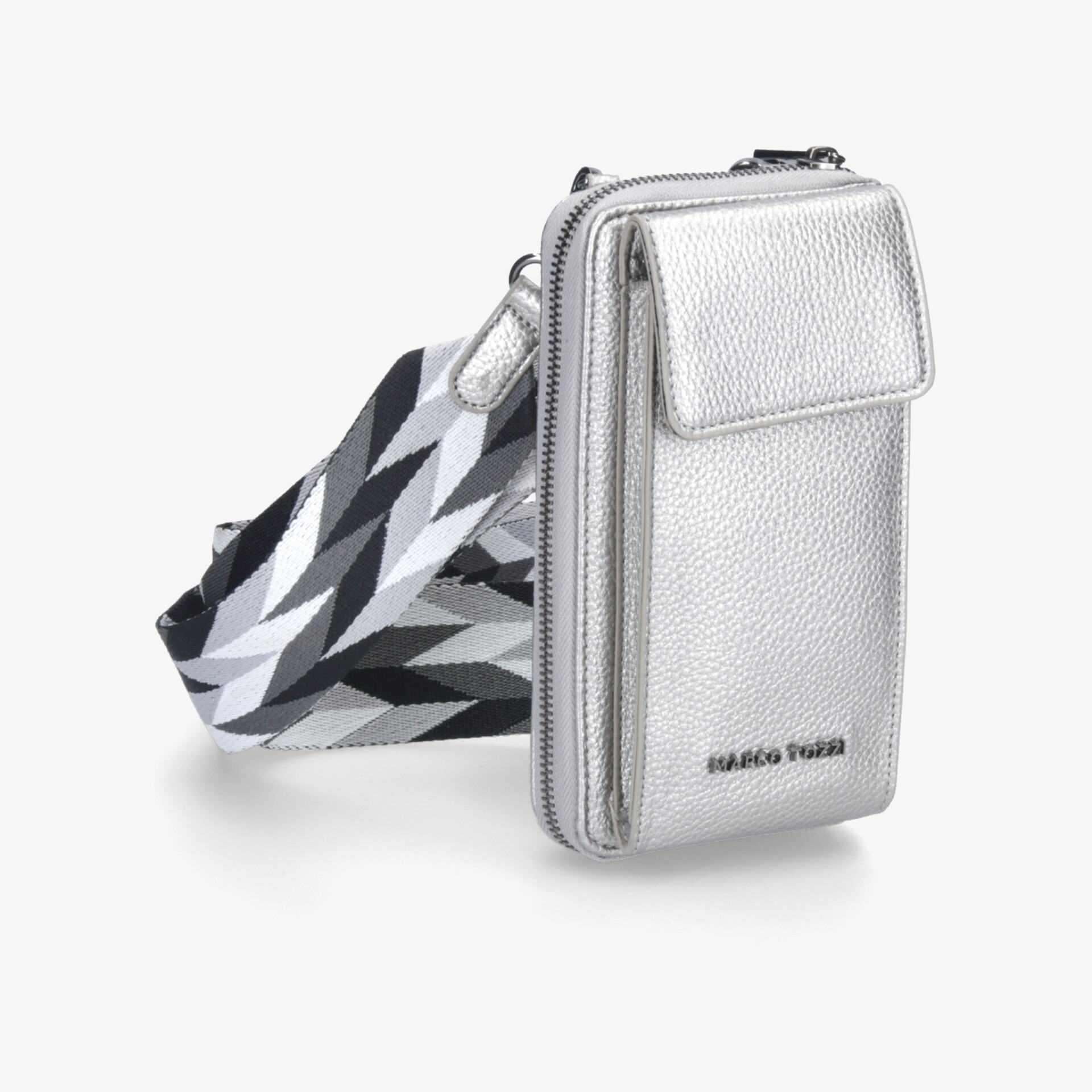 Silberne Handytasche mit strukturierter Oberfläche, Reißverschluss und verstellbarem Gurt in moderner Optik