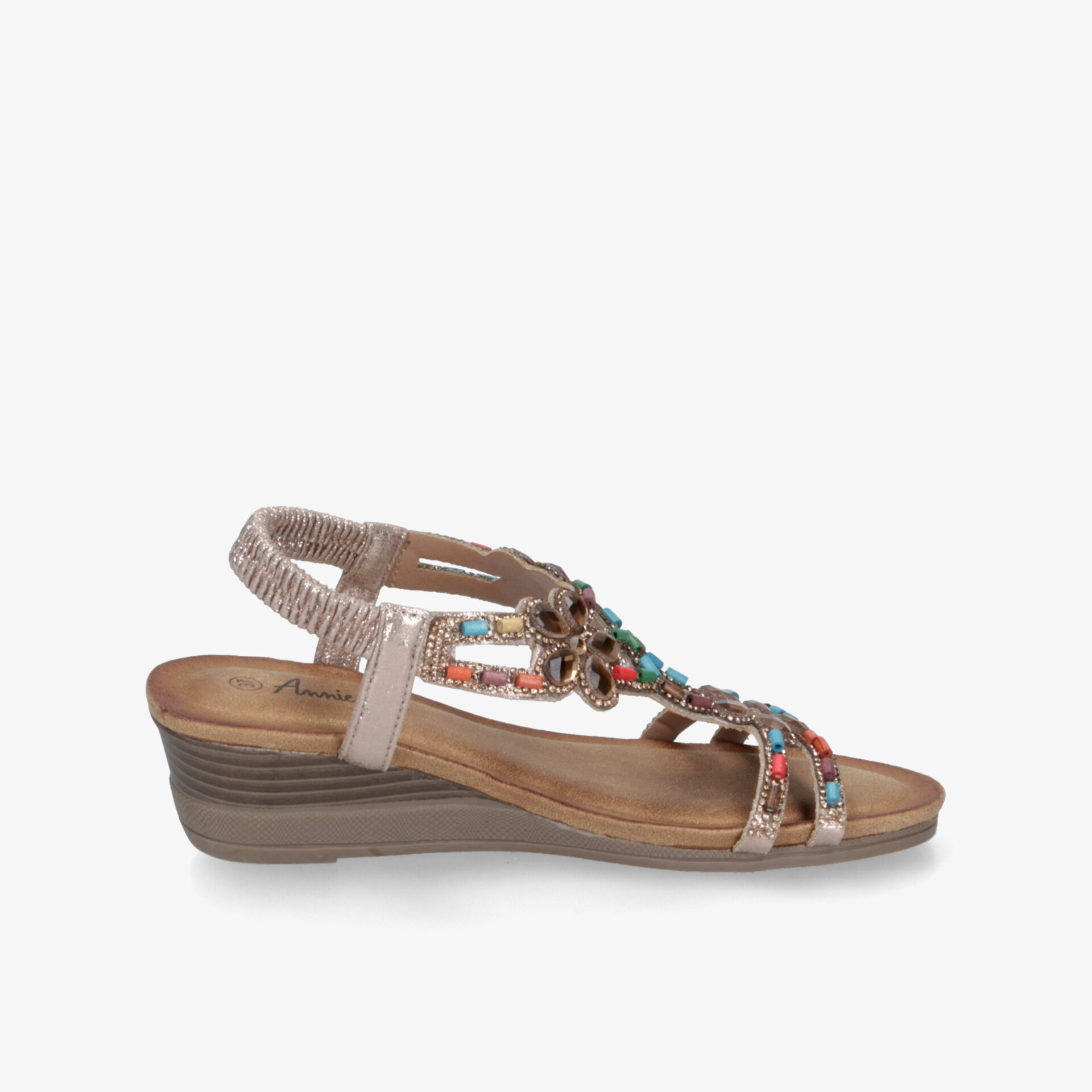 Bequeme braune Sandale mit verstellbarem Riemen und farbiger Verzierung, ideal für warme Tage