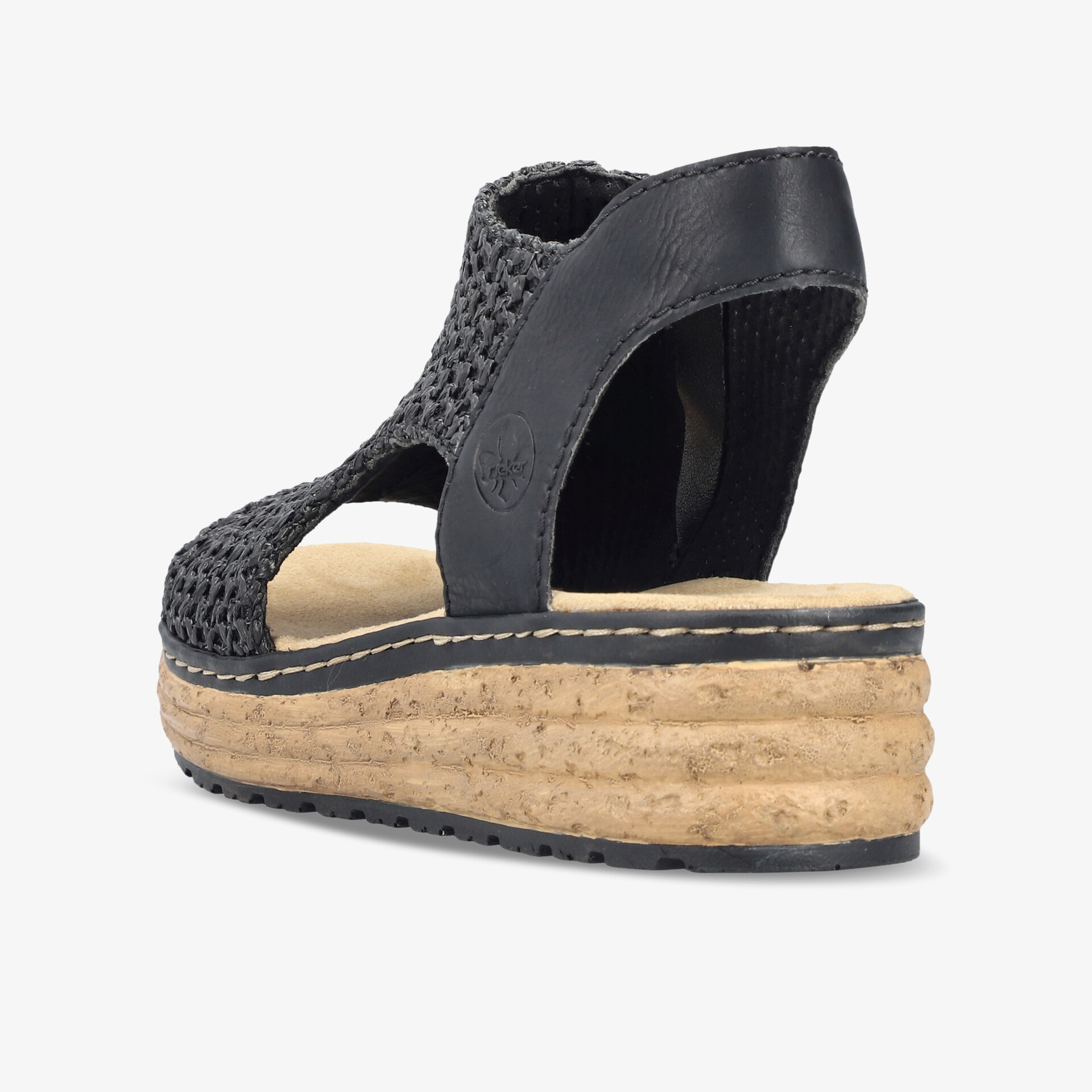 Schwarze Sandale mit bequemem Keilabsatz und luftdurchlässigem Obermaterial, komfortables Fußbett, seitliche Ansicht