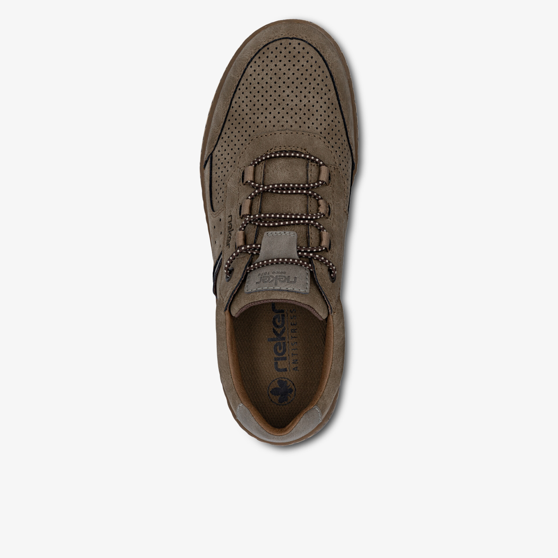 Obere Ansicht eines braunen, atmungsaktiven Schuhs mit perforiertem Obermaterial und Schnürsenkeln