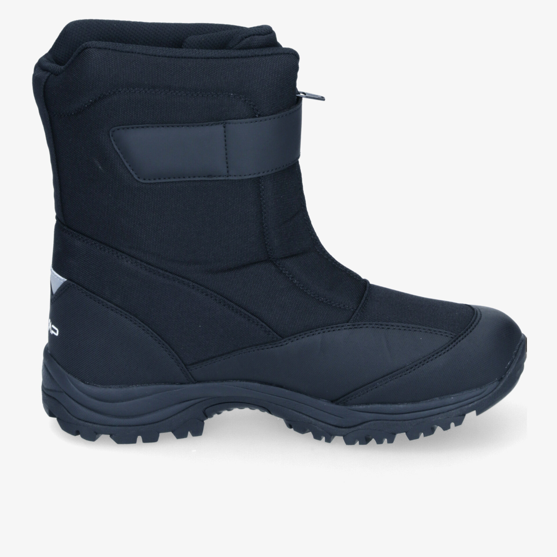 Schwarzer Winterstiefel mit robuster, rutschfester Sohle und warmem Innenfutter, seitliche Ansicht