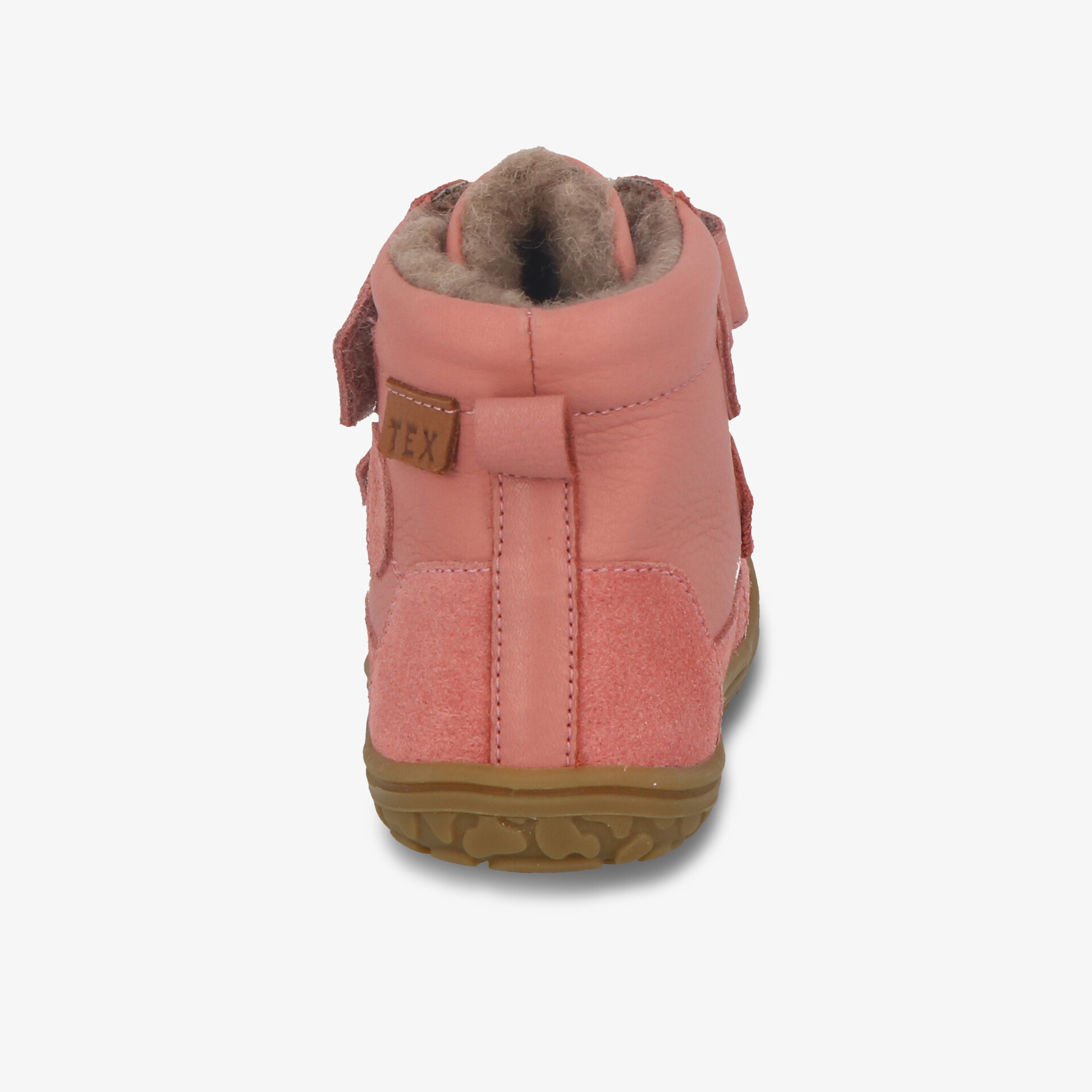 Rückansicht eines warm gefütterten rosa Schuhs mit rutschfester Sohle und weichem Material