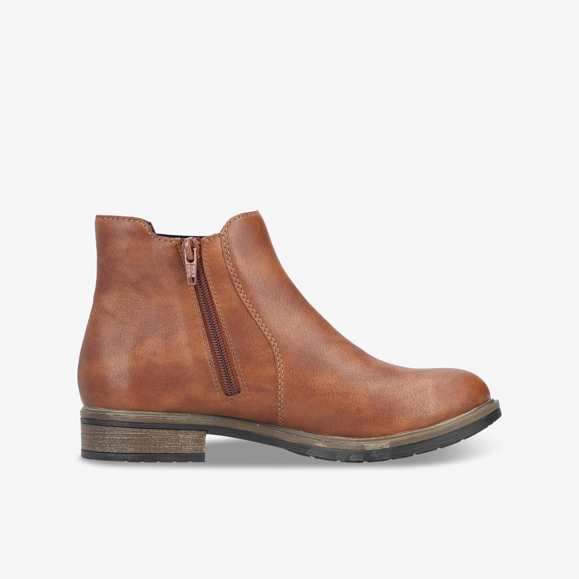 Braune Stiefelette mit seitlichem Reißverschluss und niedrigem Absatz, komfortabel und modisch