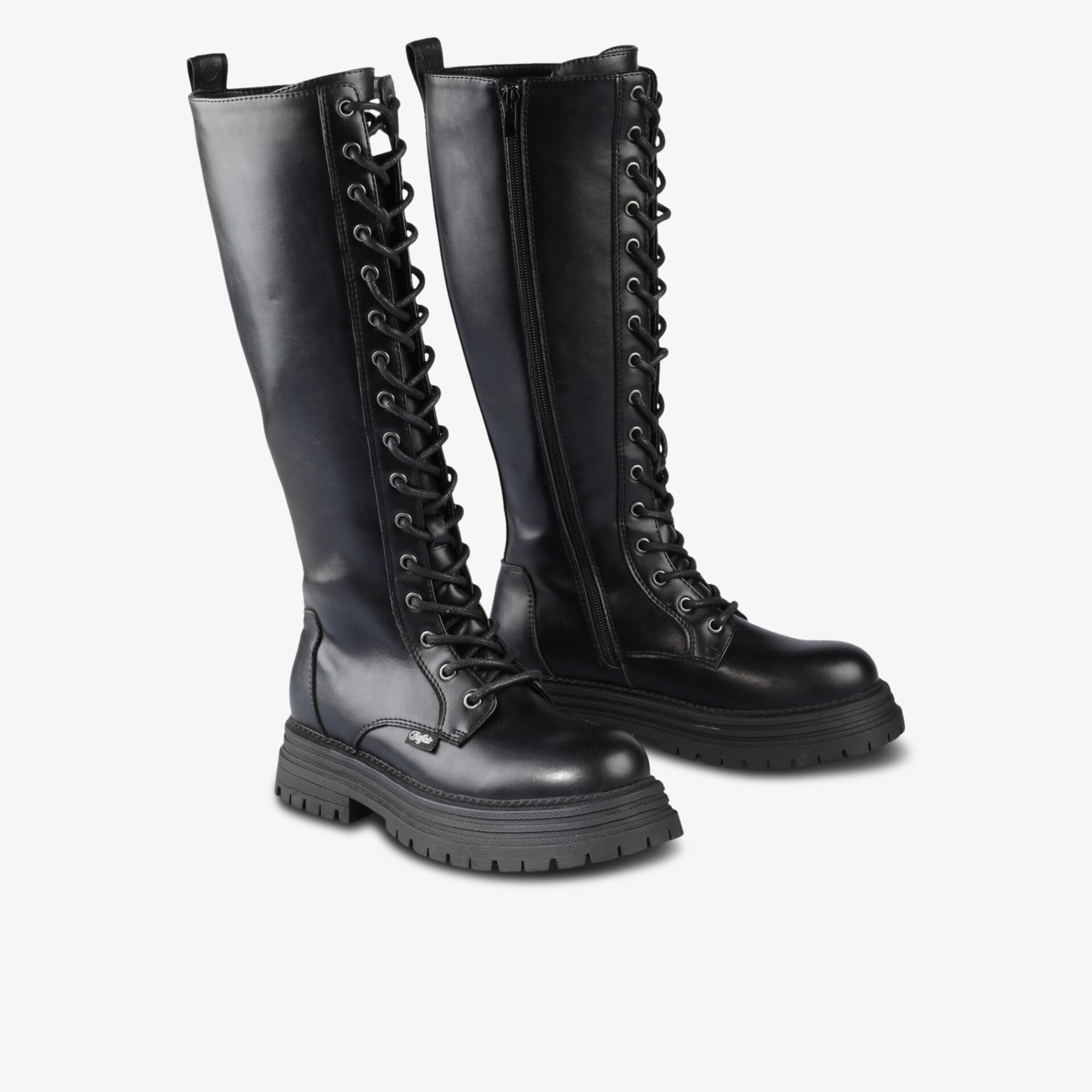 Schwarze lange Schnürstiefel mit robuster Profilsohle aus glattem Leder, modisch und komfortabel