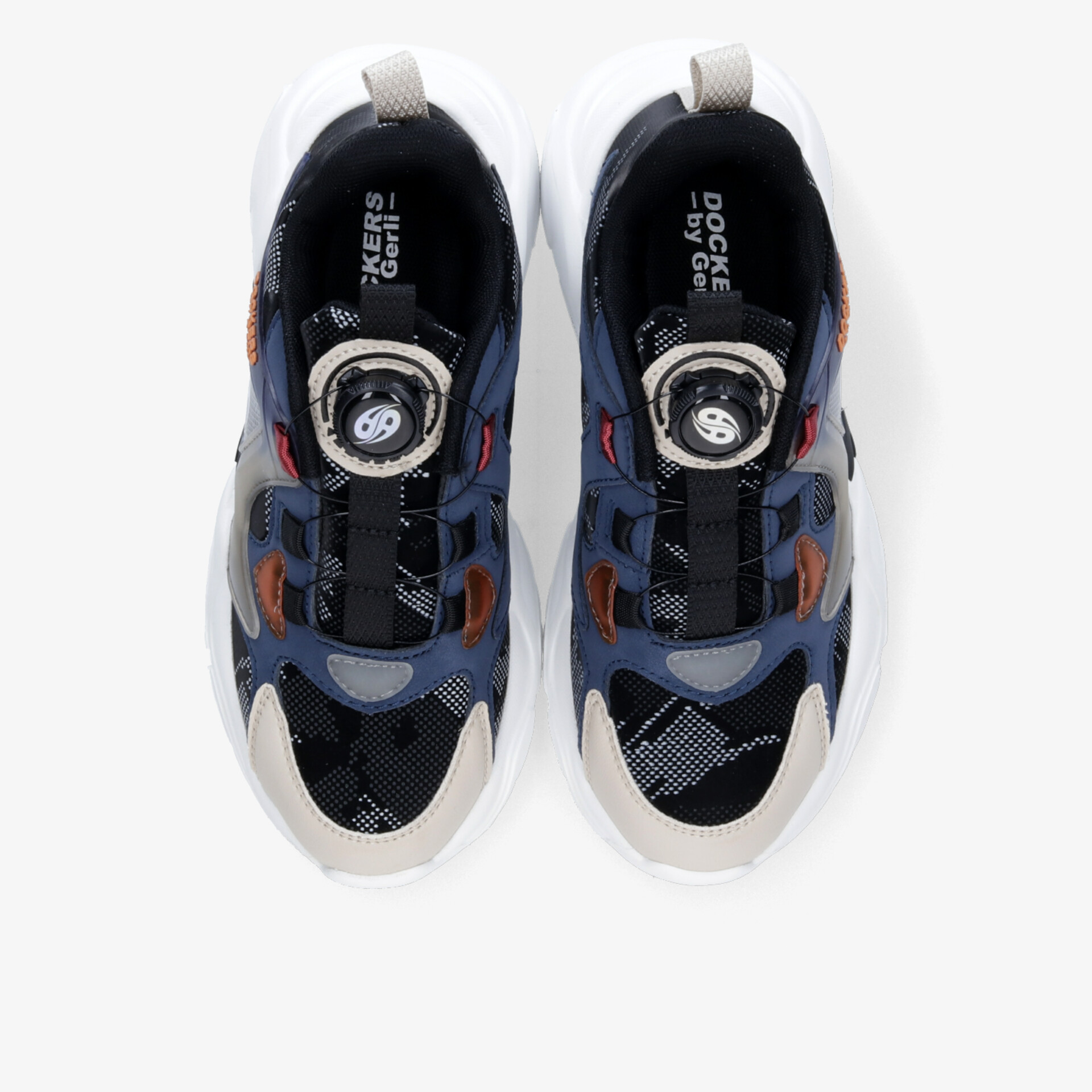 Robuste und leichte Sportschuhe mit atmungsaktivem Material und innovativem Drehverschluss aus der Draufsicht als Paar