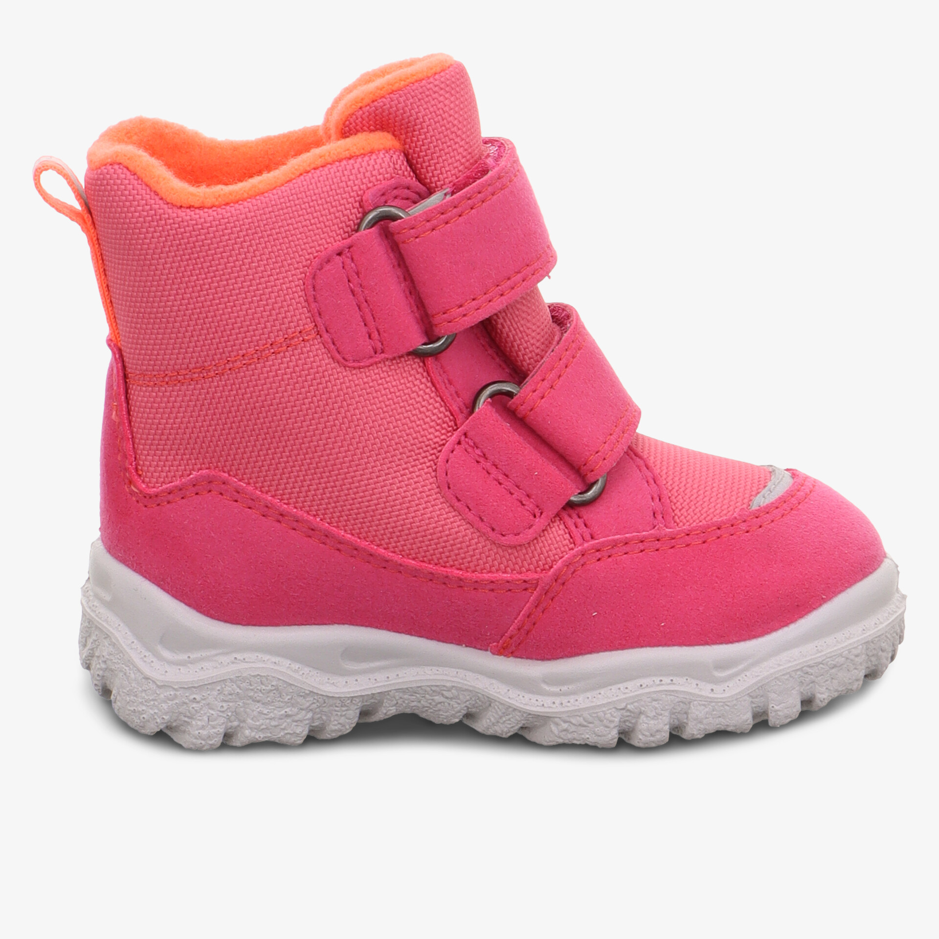 Robuster warmer Kinderstiefel mit rutschfester Sohle und verstellbaren Klettverschlüssen in seitlicher Ansicht