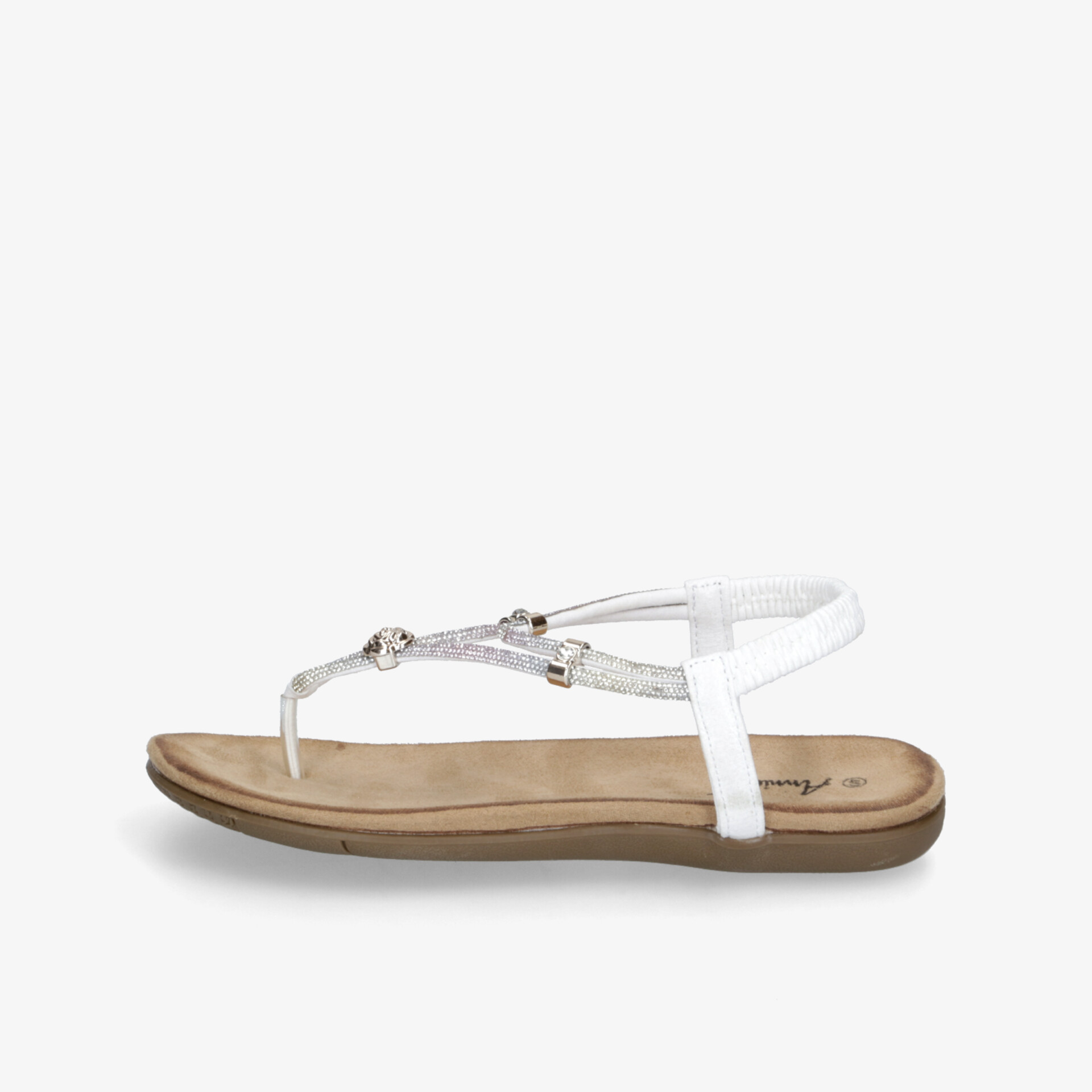 Elegante weiße Sandale mit verstellbarem Riemchen und flacher Sohle für bequemen Tragekomfort