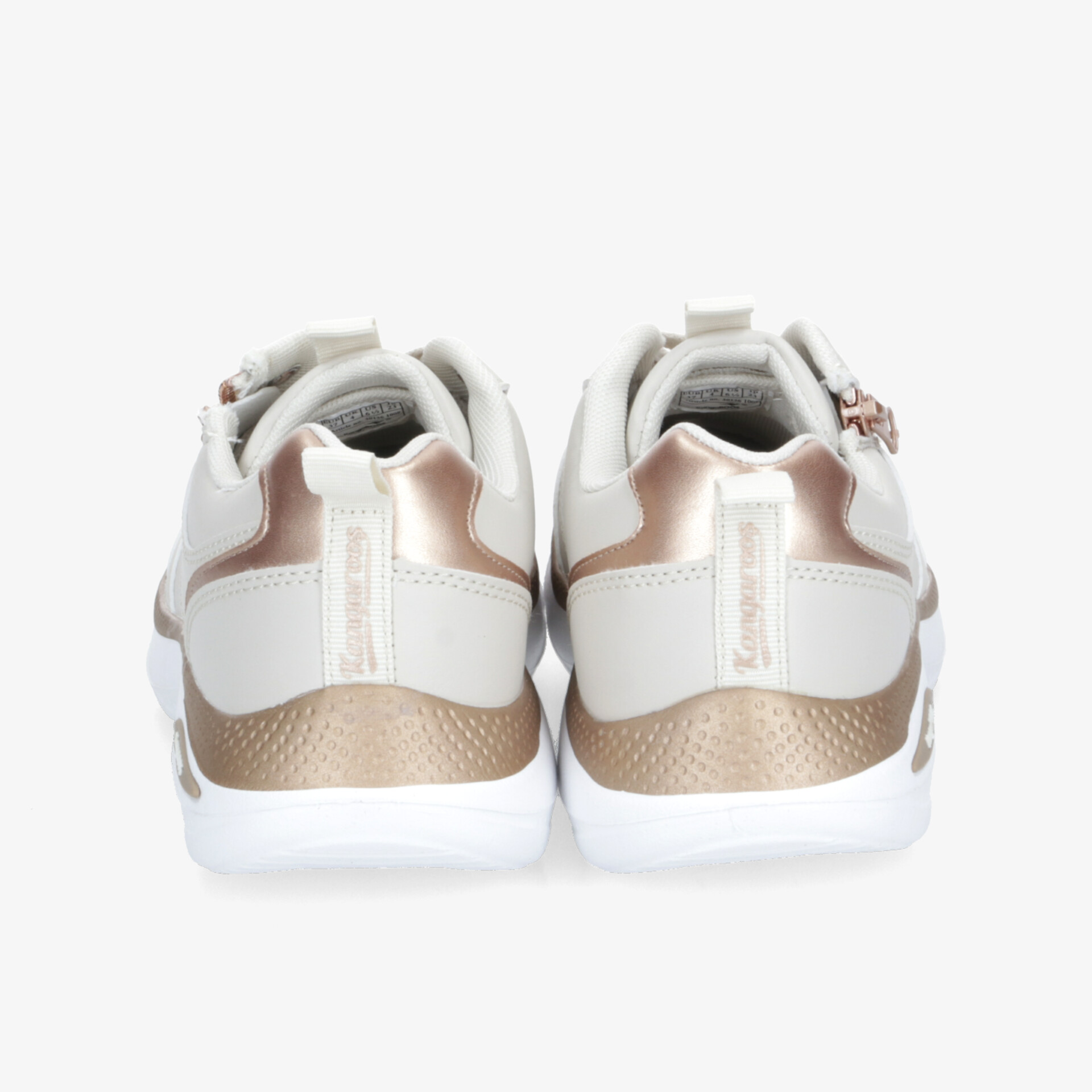 Weiße Schuhe mit goldenen Details, modernes Design und bequeme Passform, Rückansicht